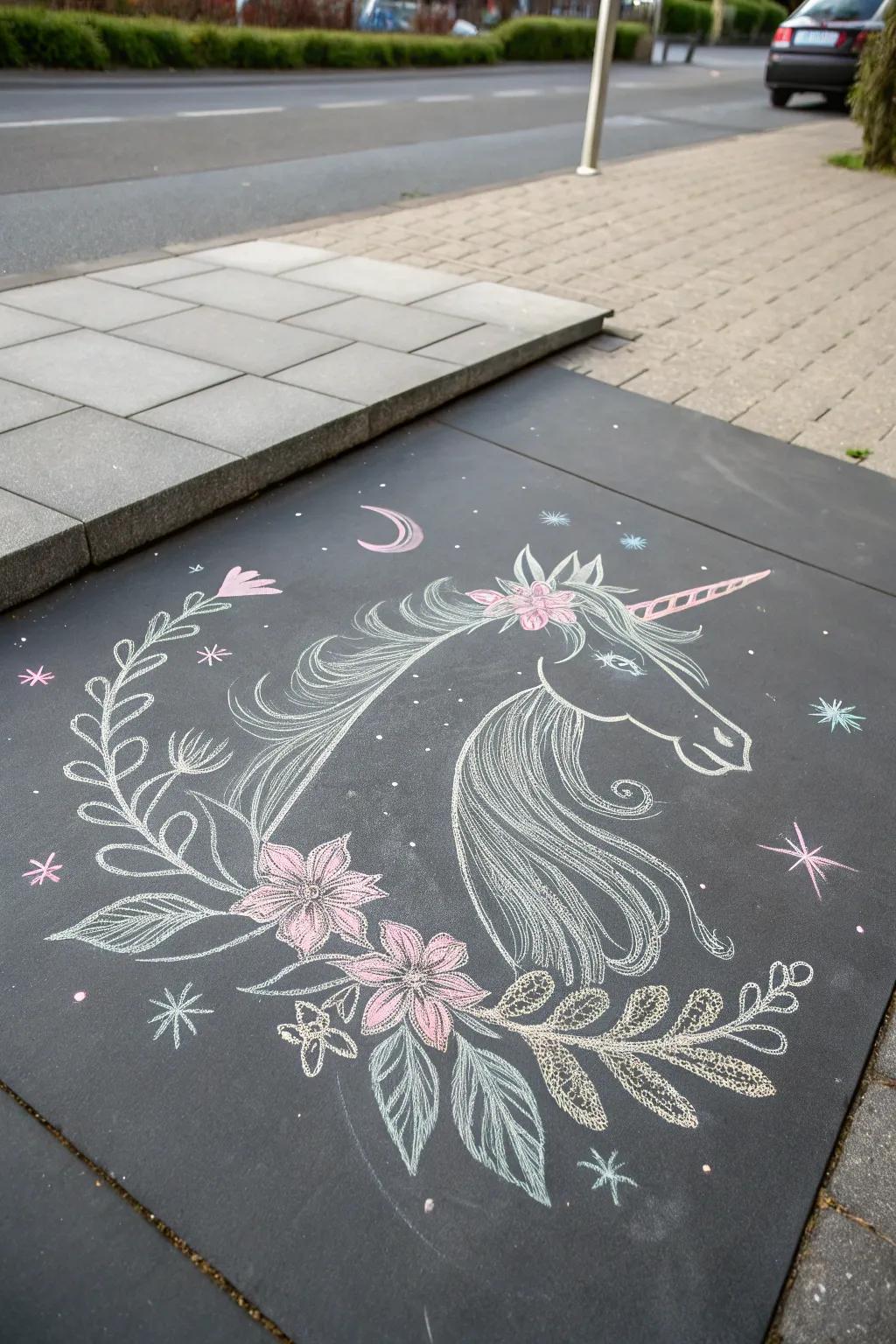 Embrace the magic of simplicity with this enchanting unicorn chalk portrait.