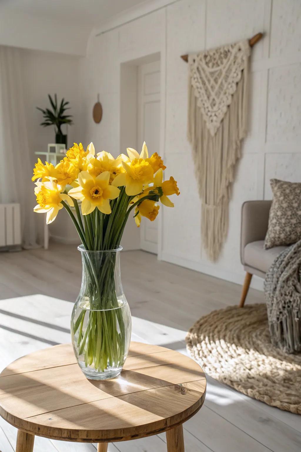 Bring the sunshine indoors with daffodils in a chic vase, adding a touch of natural beauty to your minimalist sanctuary.