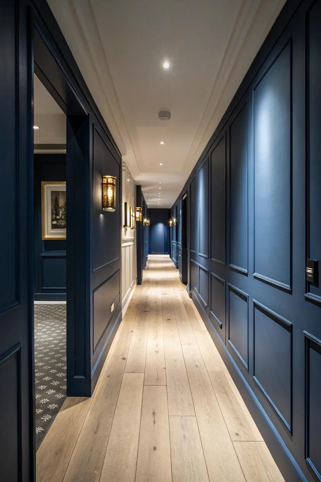Light wood floors beautifully contrast with dark blue walls.