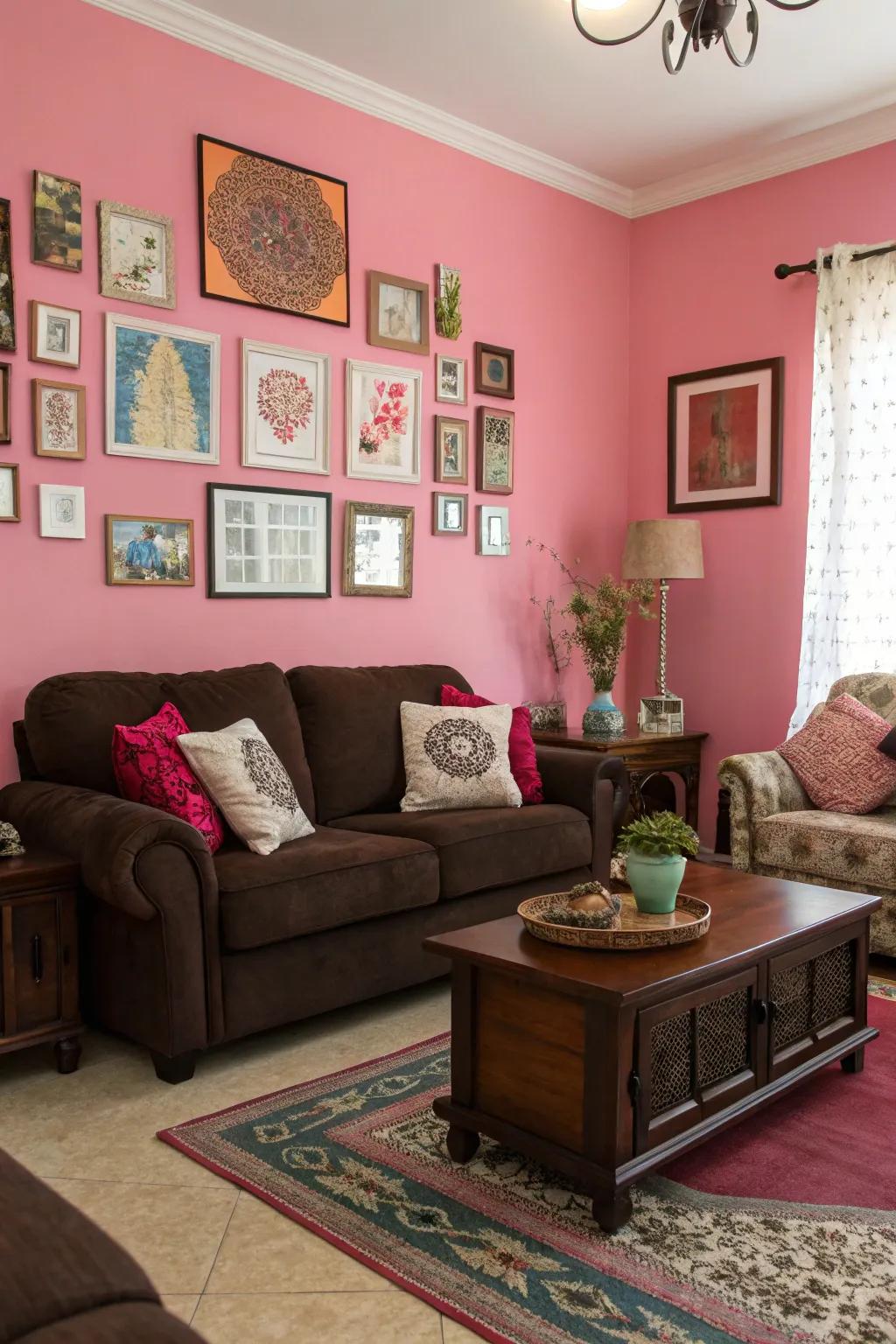 Artful integration of pink wall decor.