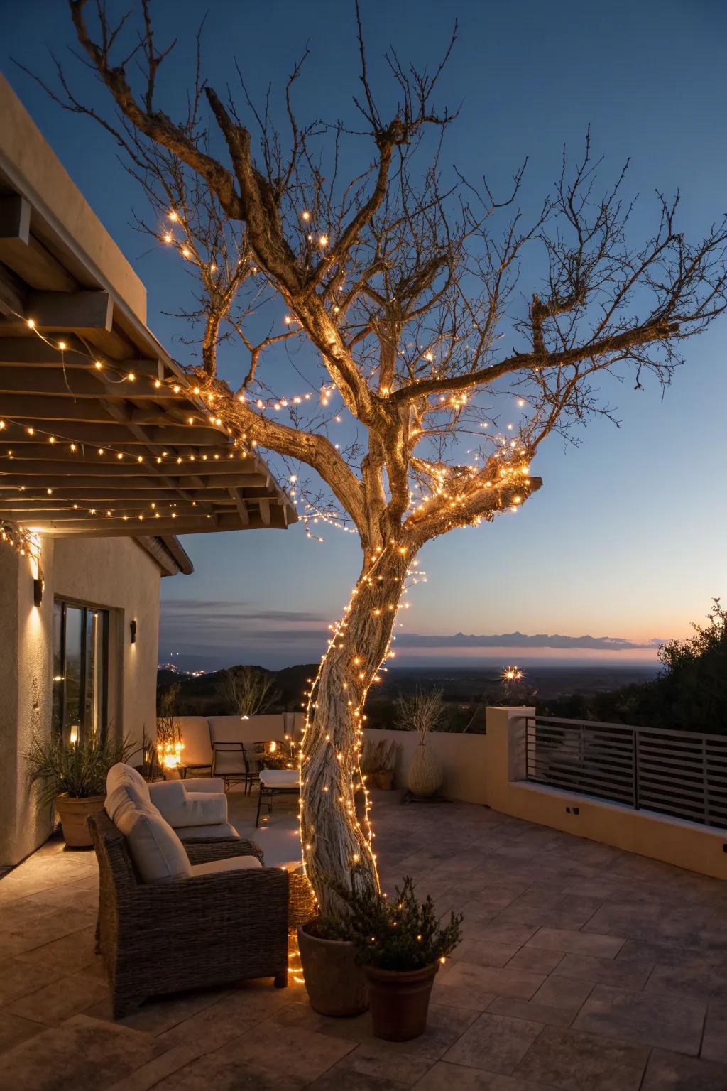 Transform your evenings with the enchanting glow of fairy lights on a timeless tree.