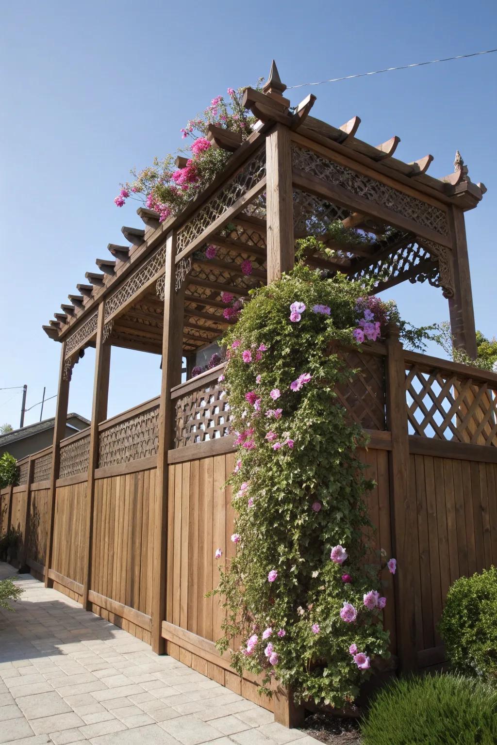 Elevate your outdoor space with a pergola-topped fence that combines elegance and function.