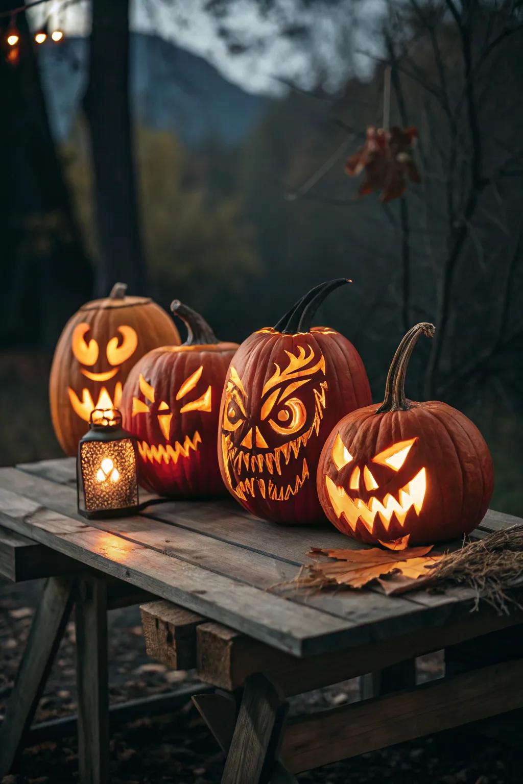 Elevate your Halloween decor with a hauntingly artistic multi-pumpkin demon display.