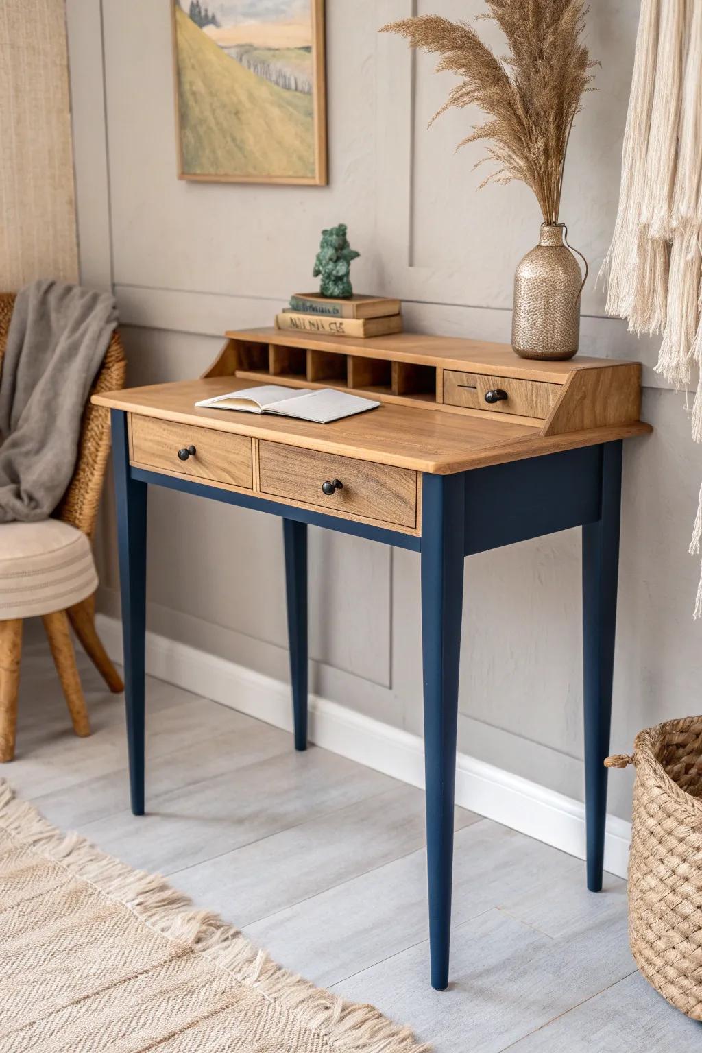 Transform your workspace with the chic two-tone trend: a blend of natural wood and navy blue elegance.
