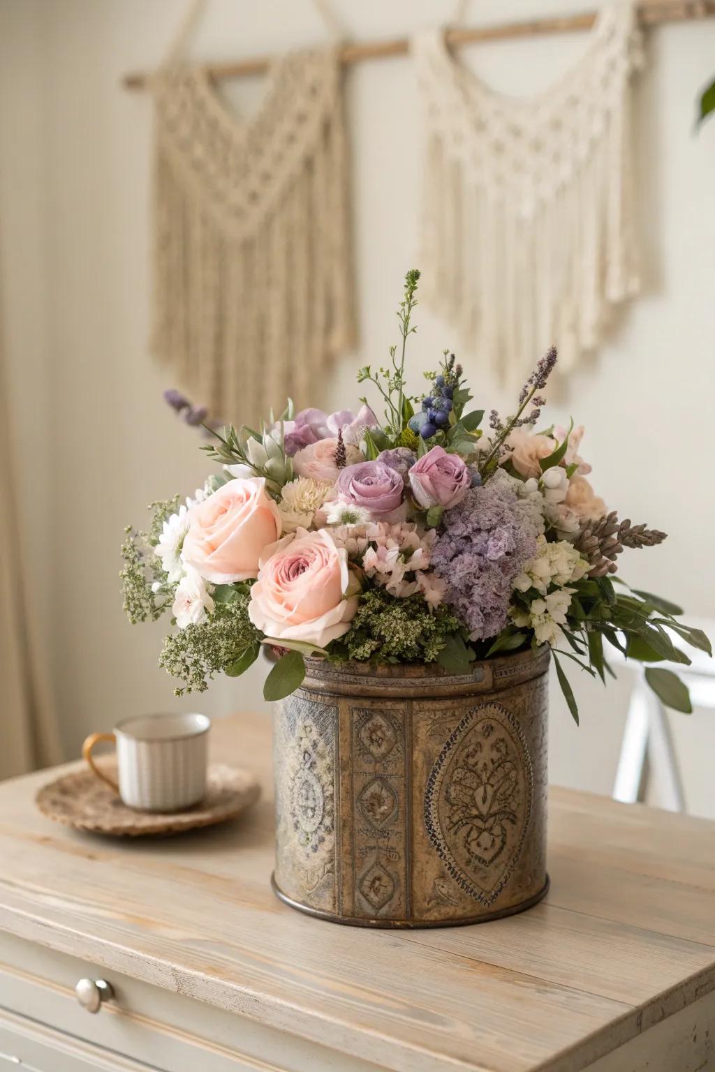 Celebrate timeless elegance with a vintage tea tin centerpiece, where nostalgia meets natural beauty.