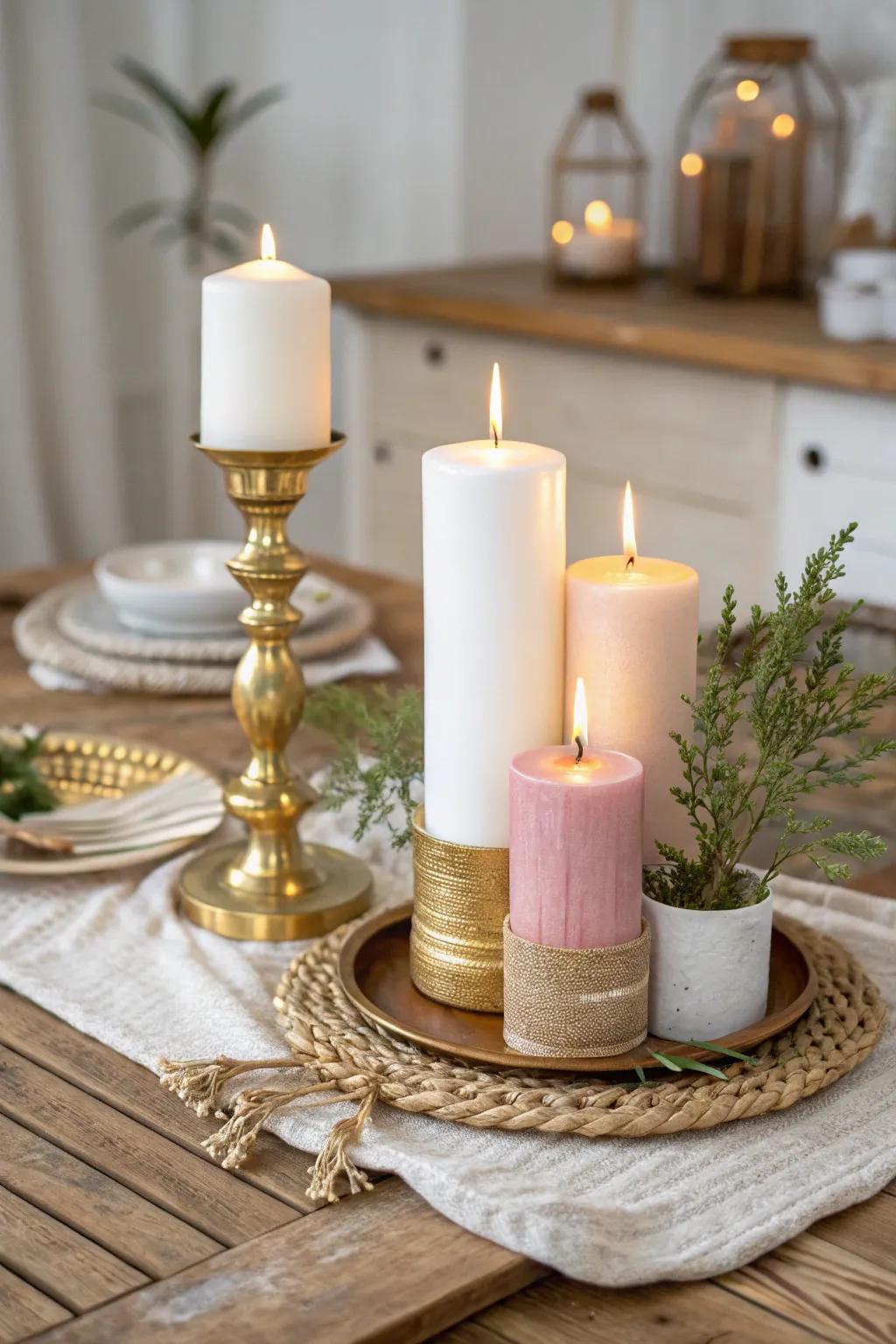 Elevate your celebration with these elegant color-coordinated candles, perfect for a cozy and stylish 60th birthday centerpiece.