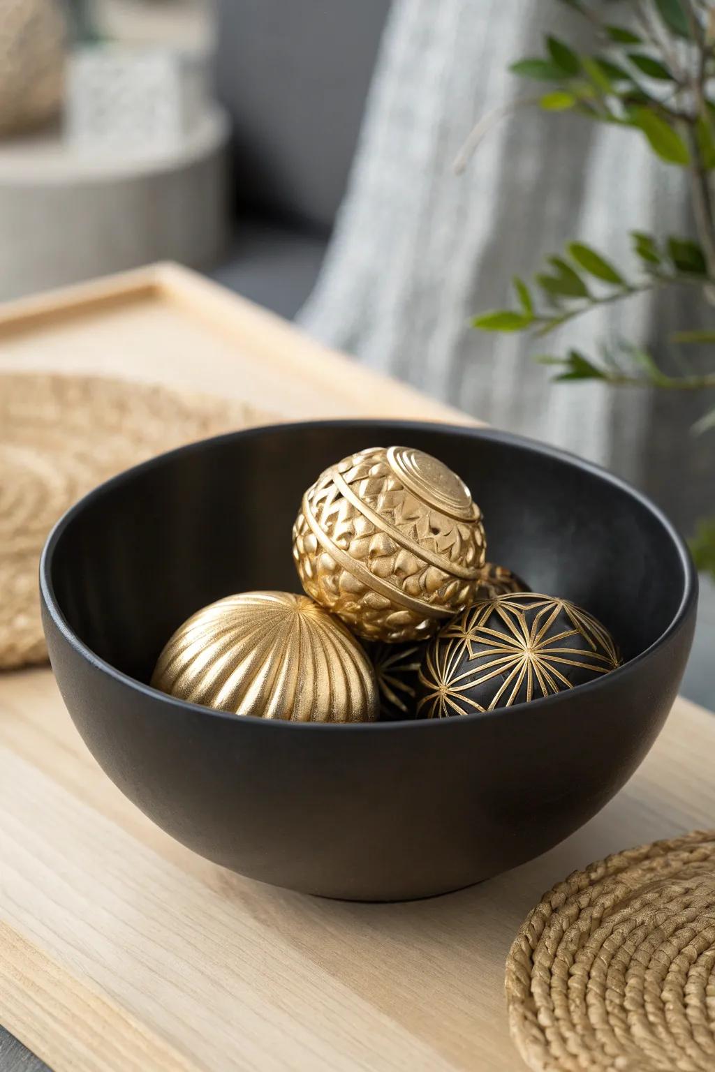 Add elegance to your table with golden accents in a chic black bowl.