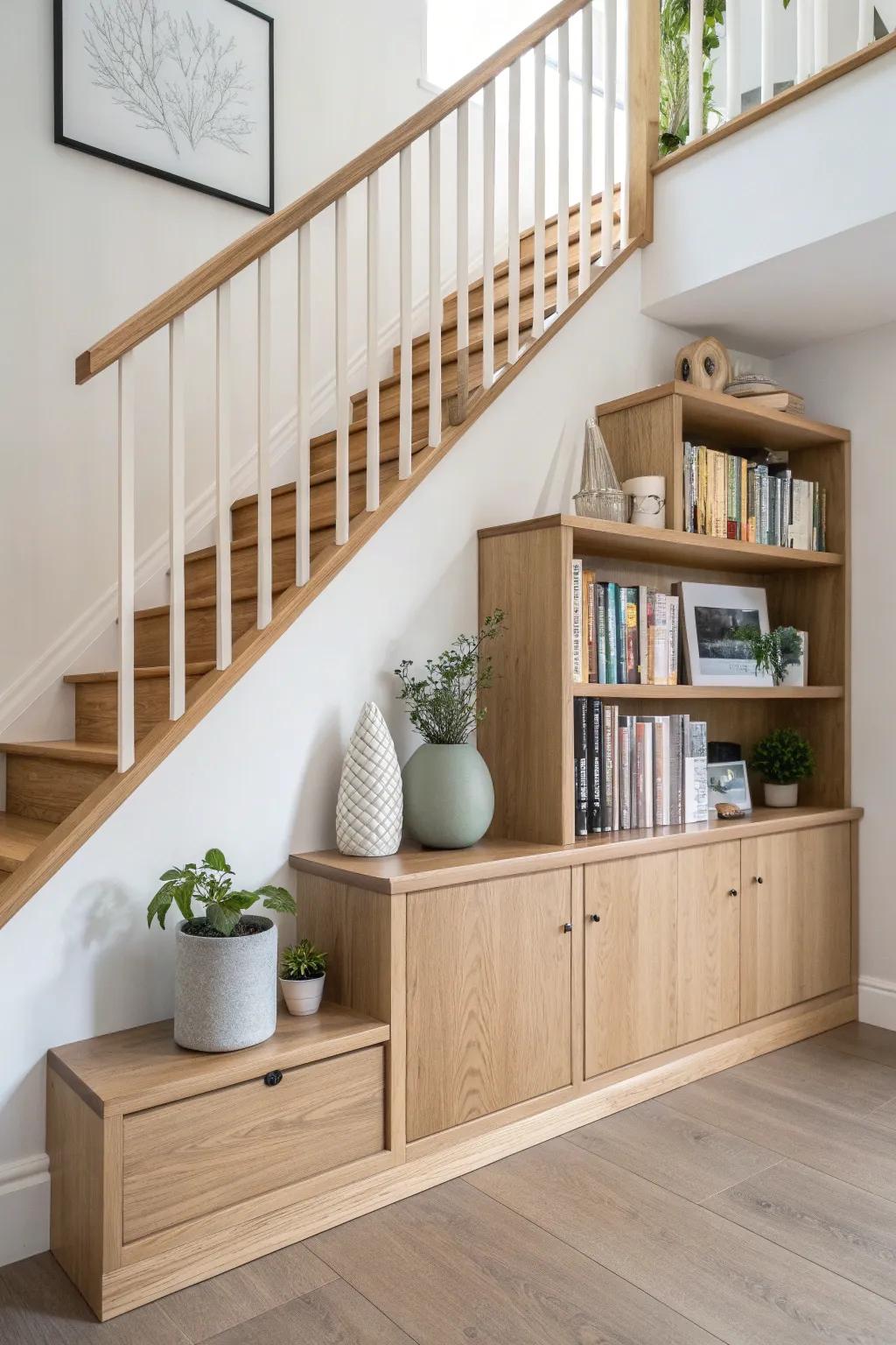 Transform your under-stair space into a chic mini-library with this elegant DIY bookshelf idea. ✨📚 #ScandiBoho #SmallSpaceLiving