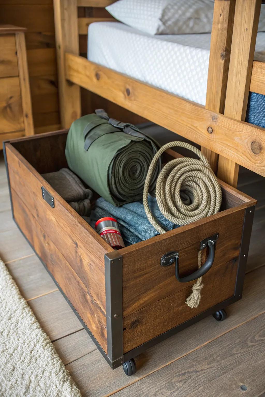Maximize your space with style: Craftsmanship meets functionality in this under-bed camping gear storage solution.