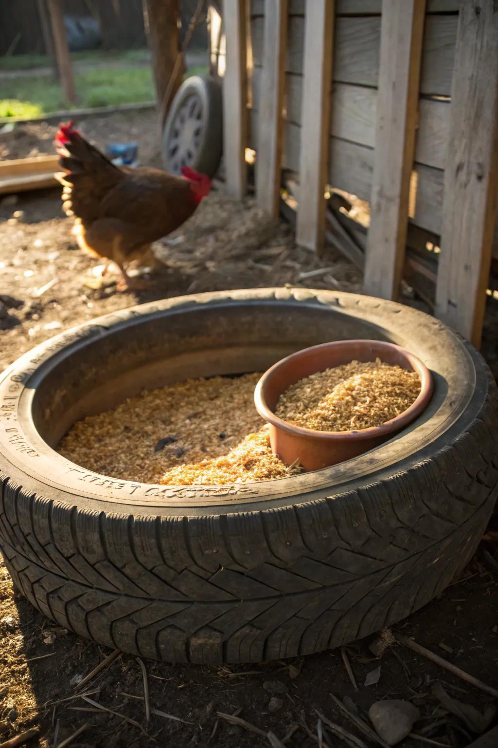 Transform an old tire into a stylish chicken feeder—where sustainability meets craftsmanship.