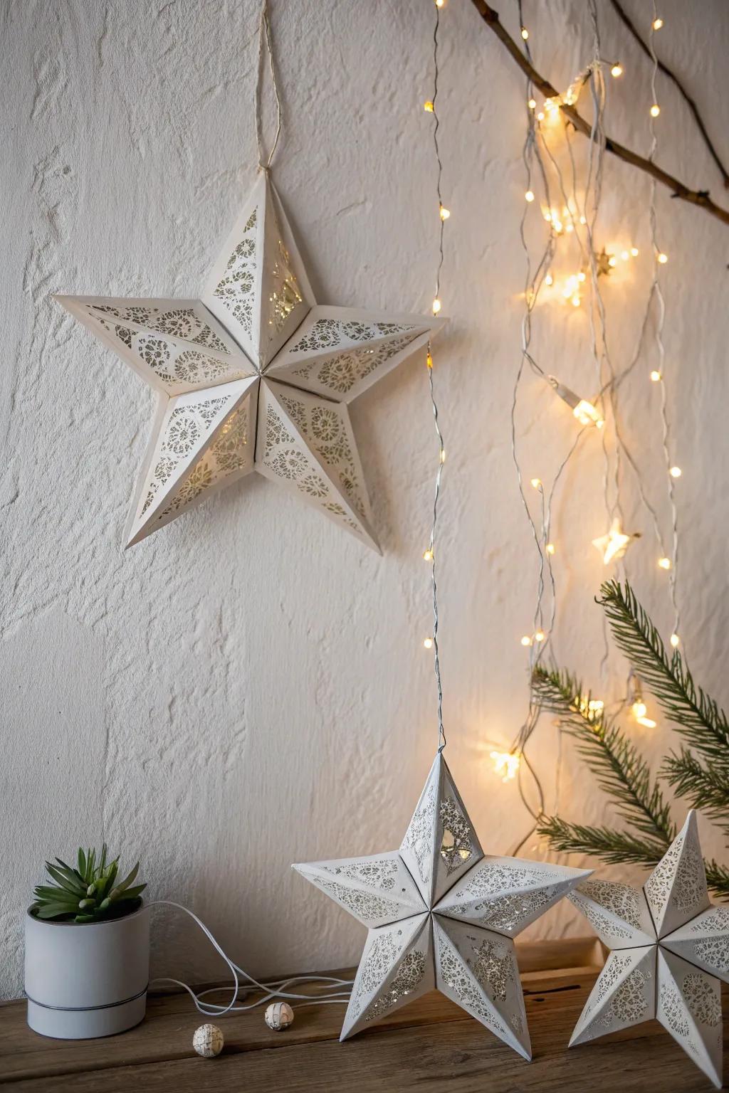 Illuminate your space with the magic of paper stars and fairy lights for a cozy, festive ambiance.