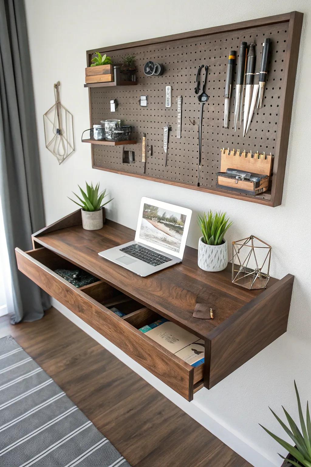Transform your workspace with a DIY floating desk and pegboard for the ultimate blend of style and organization.