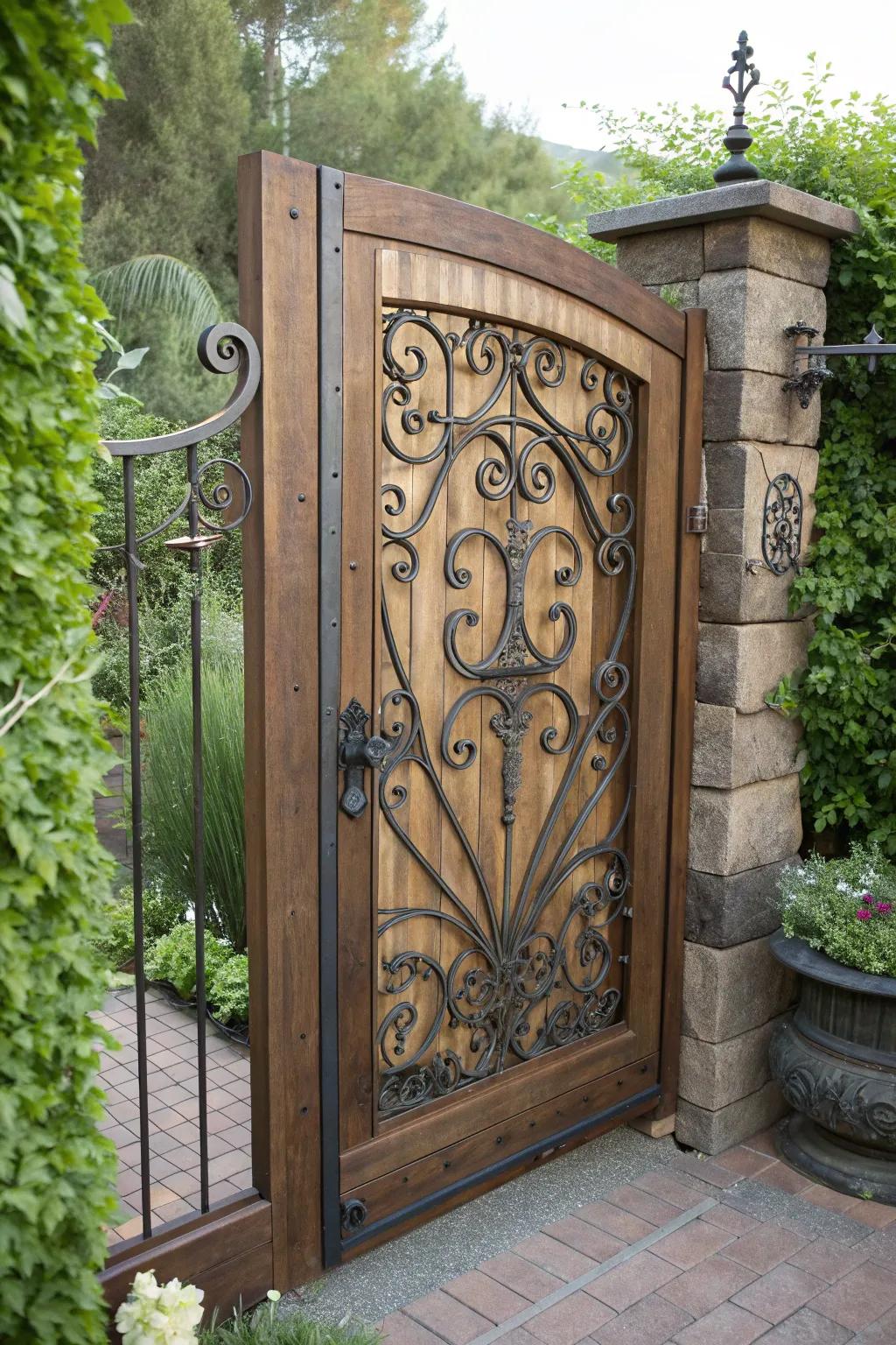 Elevate your garden entrance with the elegance of metal inserts in a handcrafted wooden gate.