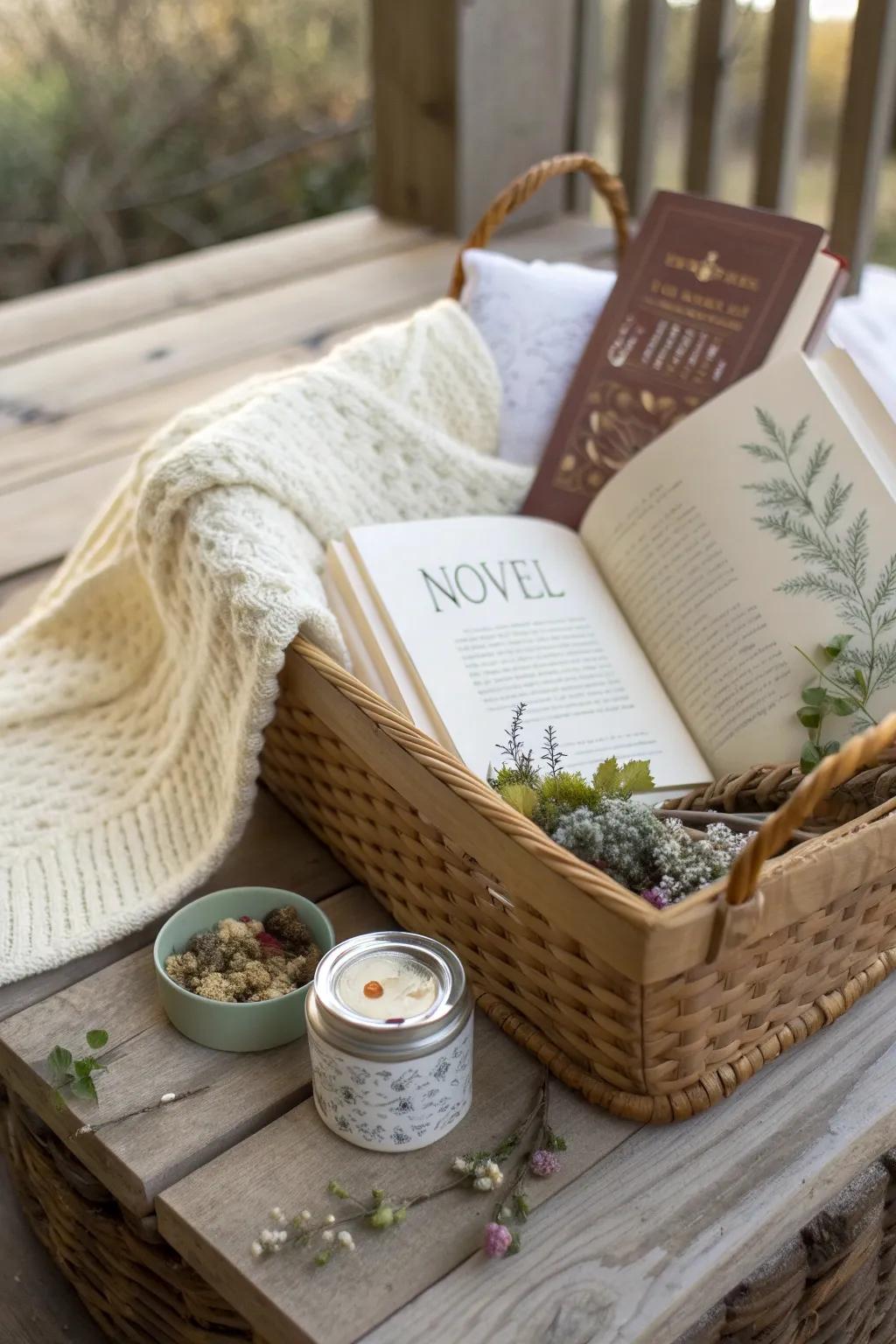 Cozy up with a book lover's dream basket—perfect for a peaceful reading retreat.