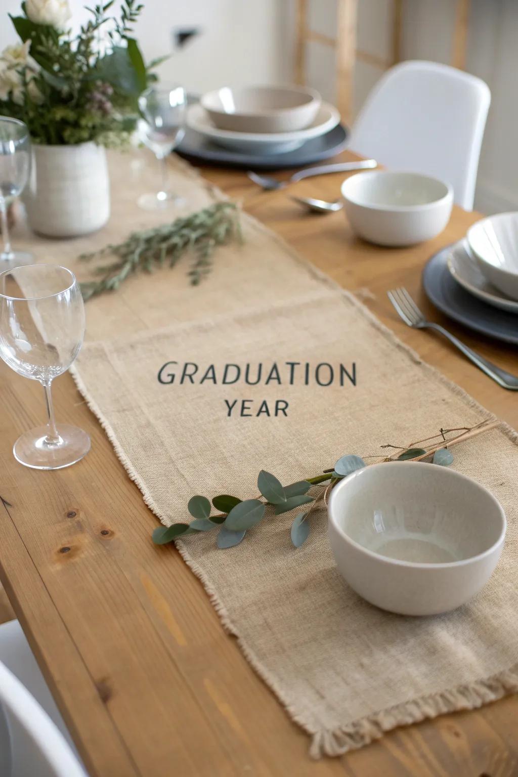 Celebrate in style with custom burlap placemats that add a rustic charm to your graduation table setting.