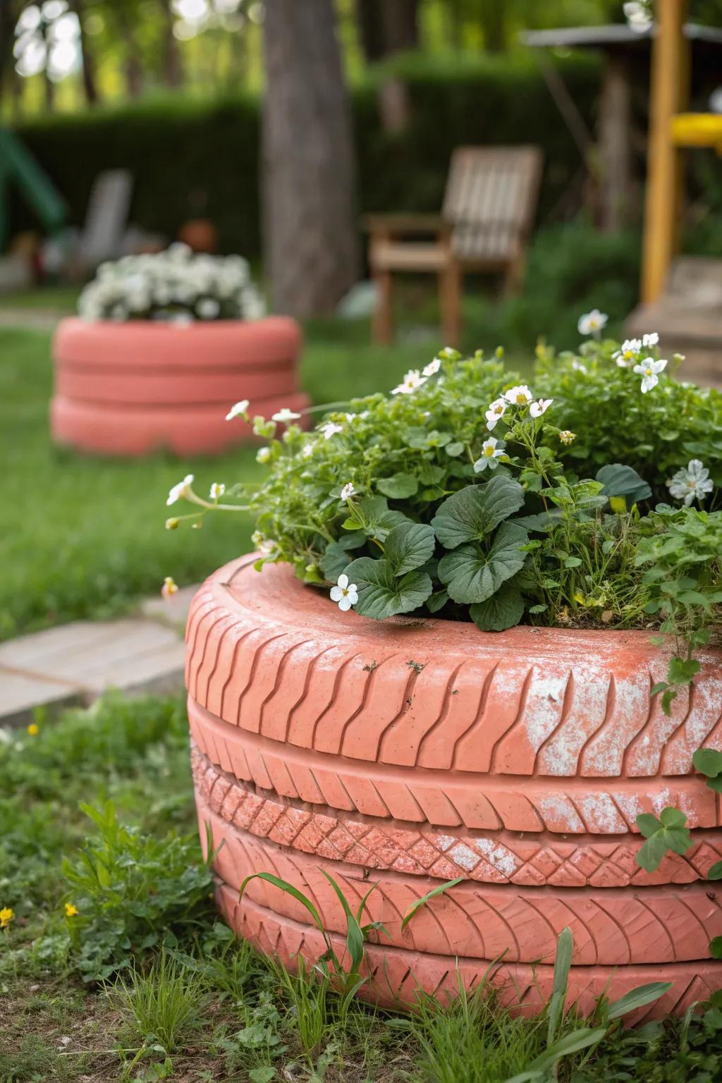 Breathe new life into your garden with this chic and colorful upcycled tire planter!