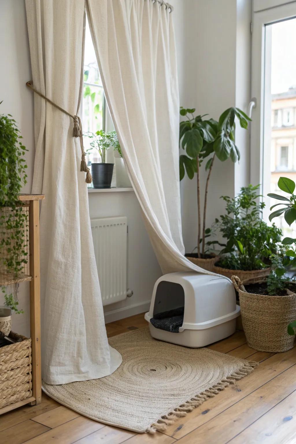 Transform your space with a chic curtained corner — the perfect blend of style and functionality for your feline friend!