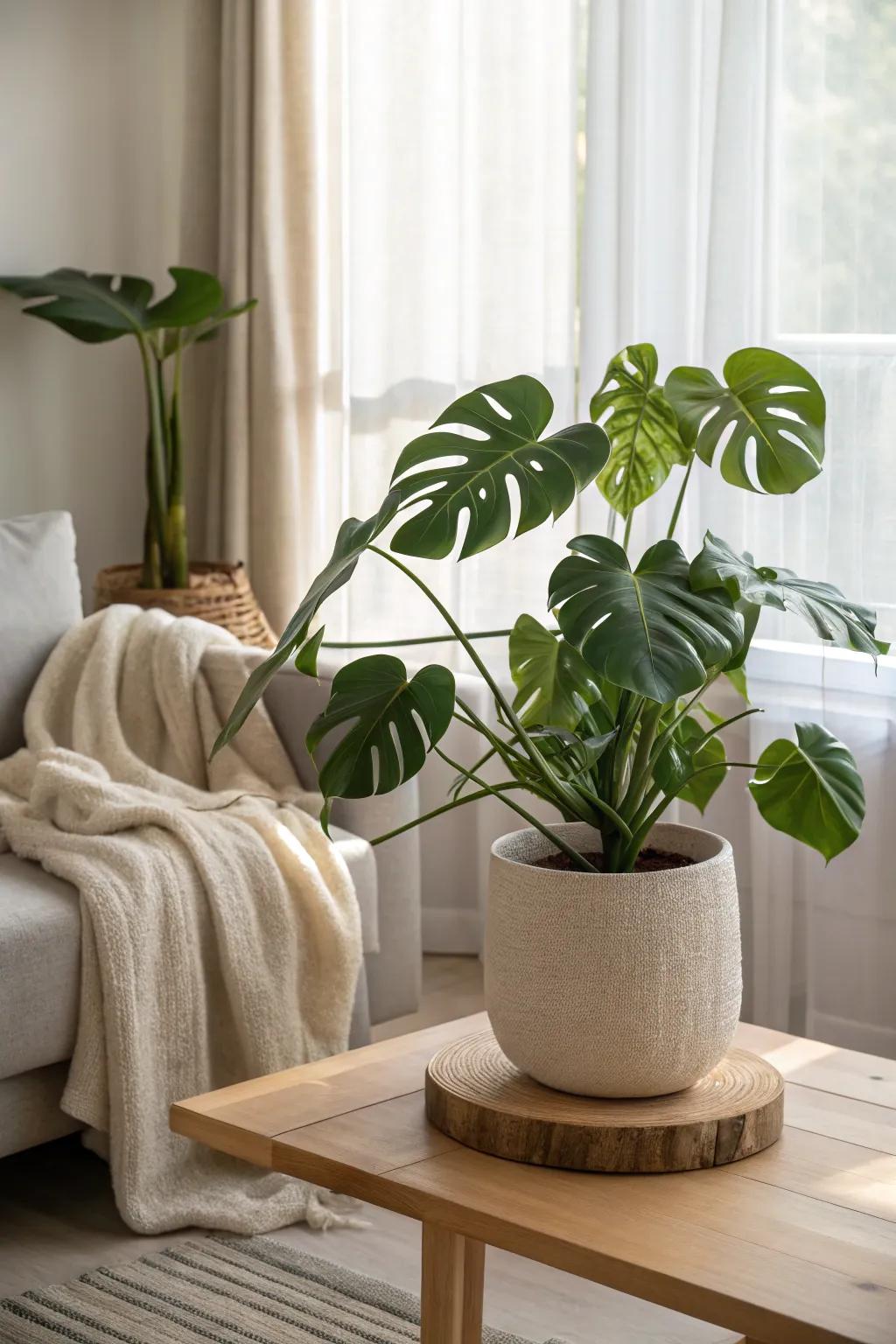 Transform your living room into a serene indoor plant oasis with elegant simplicity.