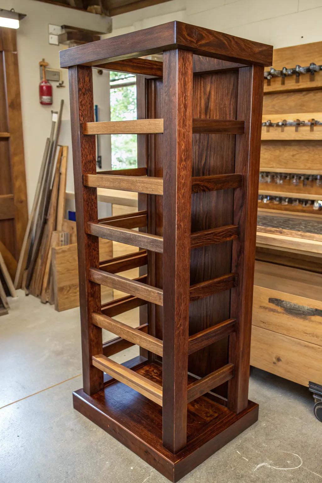 Maximize your workspace with this elegant corner lumber rack—where craftsmanship meets functionality.