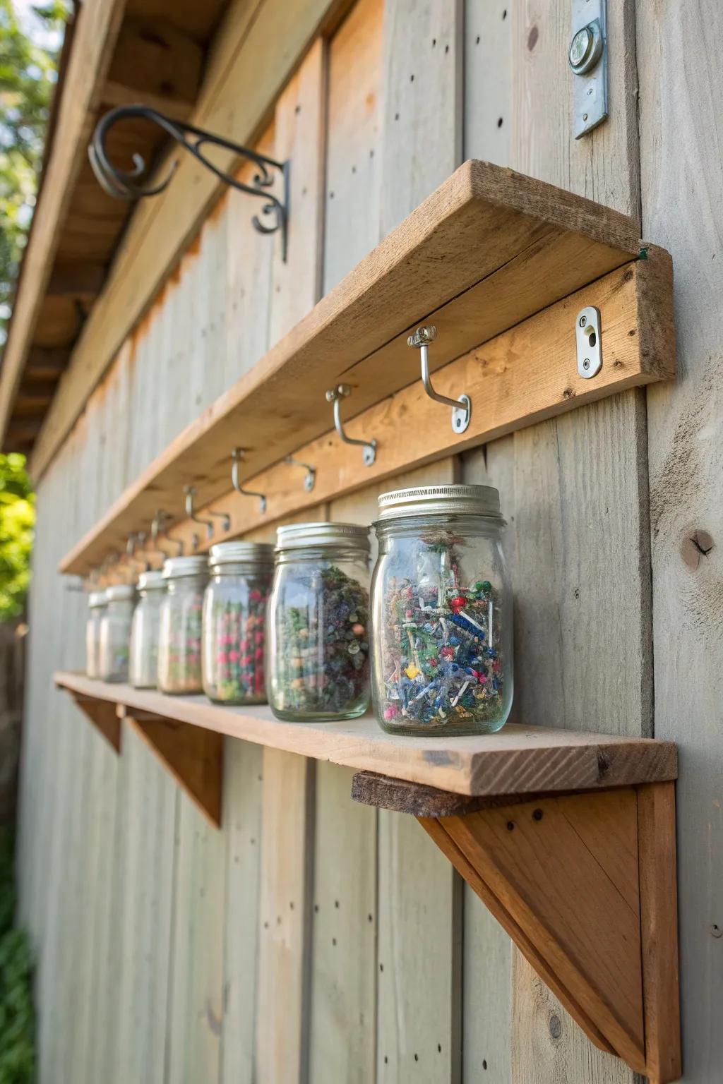Elevate your shed's style with these charming hanging mason jar shelves for organized storage.