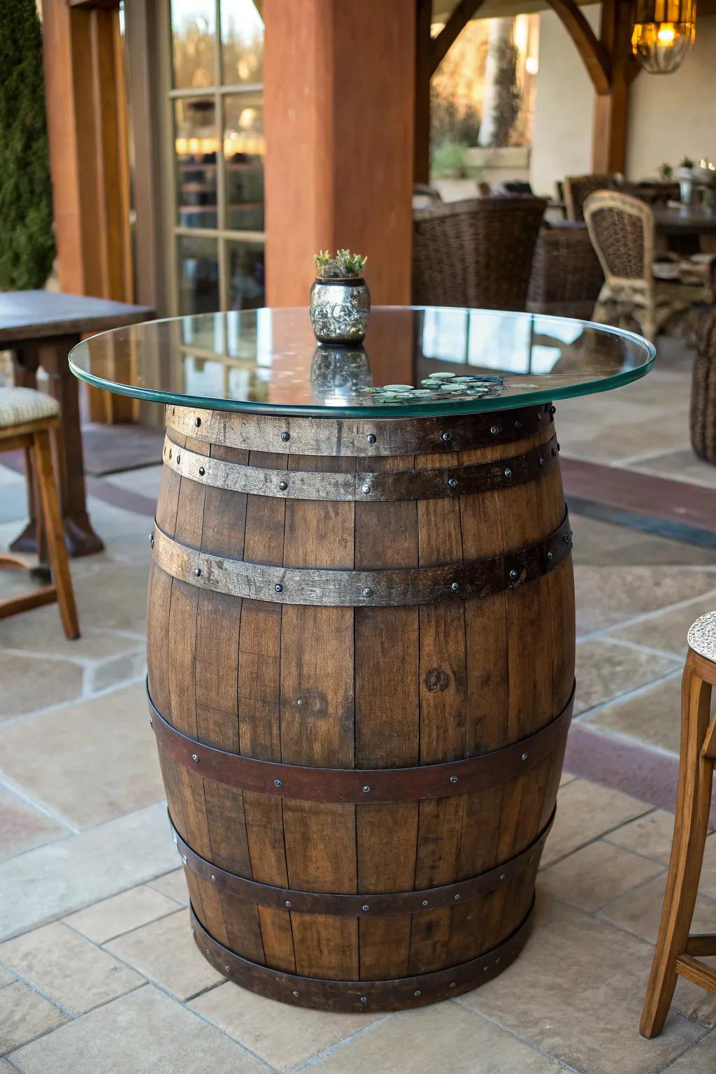 Elevate your outdoor space with this rustic wine barrel bistro table, where vintage charm meets modern elegance.