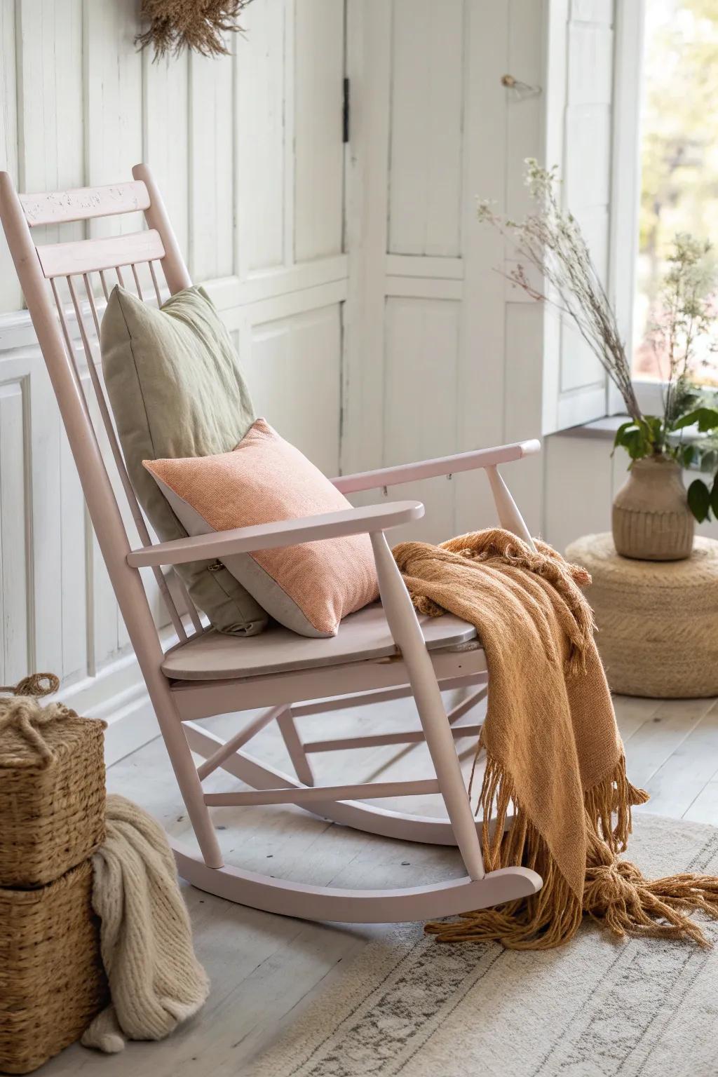 Transform your space into a serene retreat with this beautifully painted rocking chair, perfectly complemented by custom cushions for ultimate comfort.