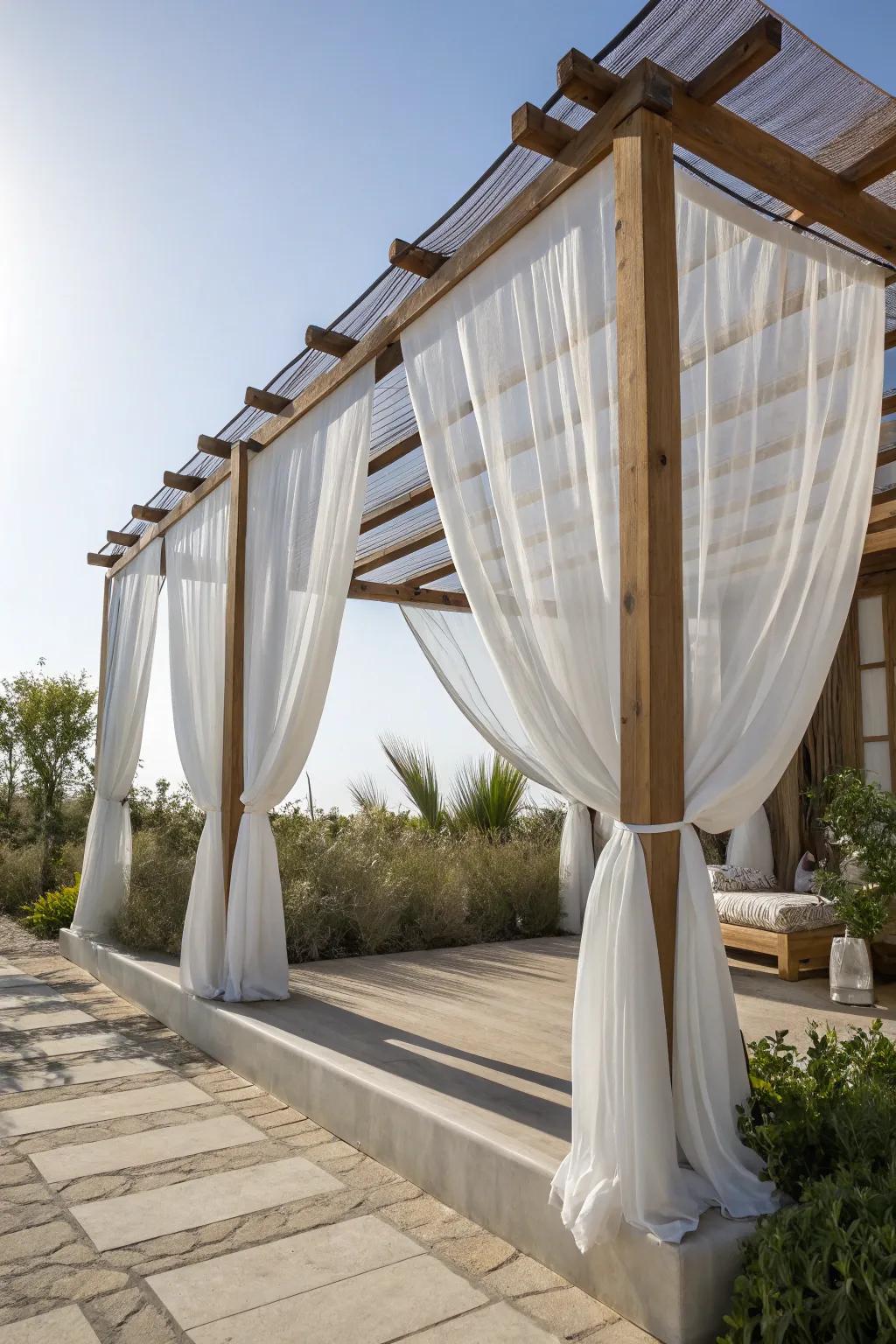 Embrace tranquility with flowing outdoor curtains for your perfect minimalist retreat.