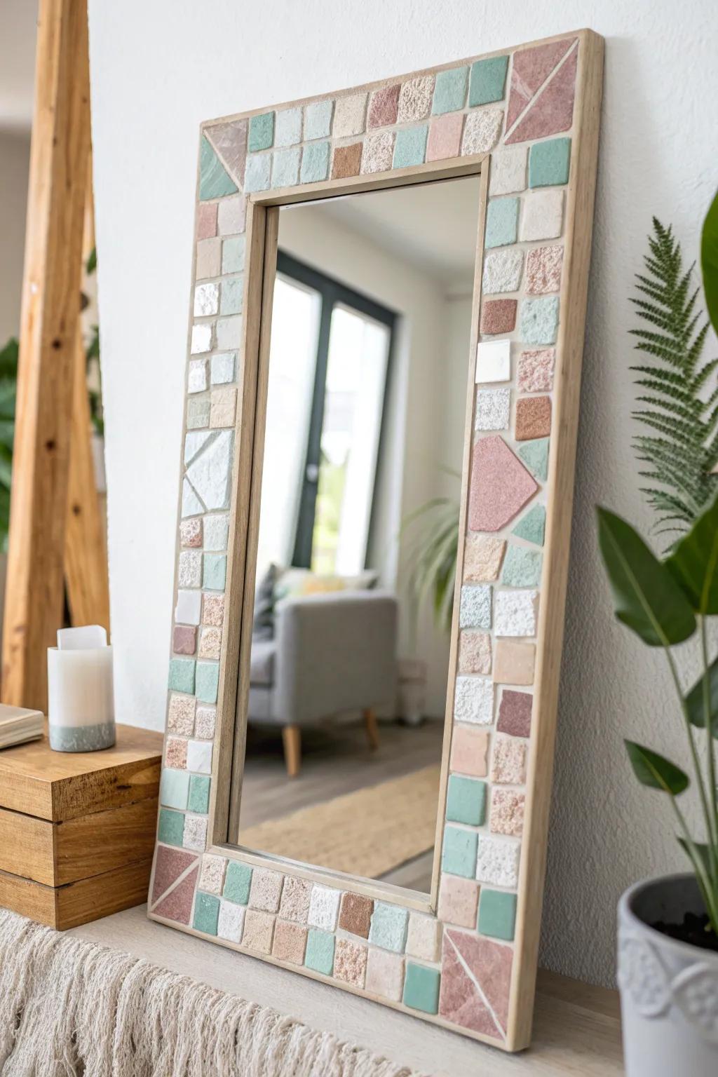 Transform your mirror with a mosaic masterpiece. Discover the beauty in simplicity and craftsmanship.