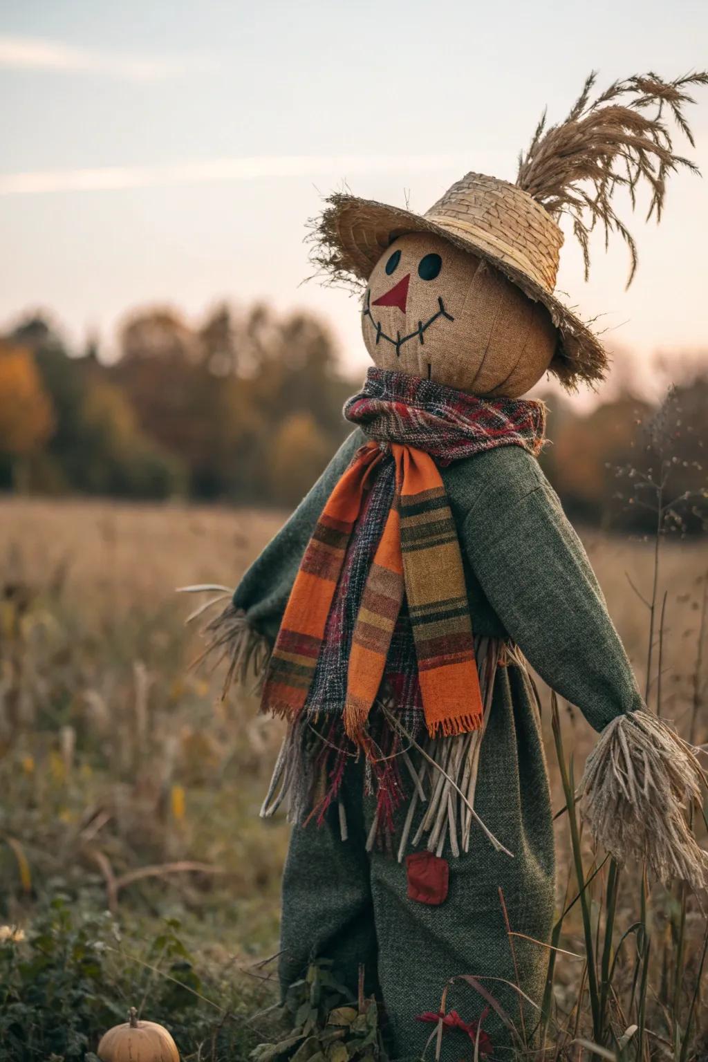 Craftsmanship meets nostalgia with this rustic burlap scarecrow - a perfect touch of vintage charm for your garden.