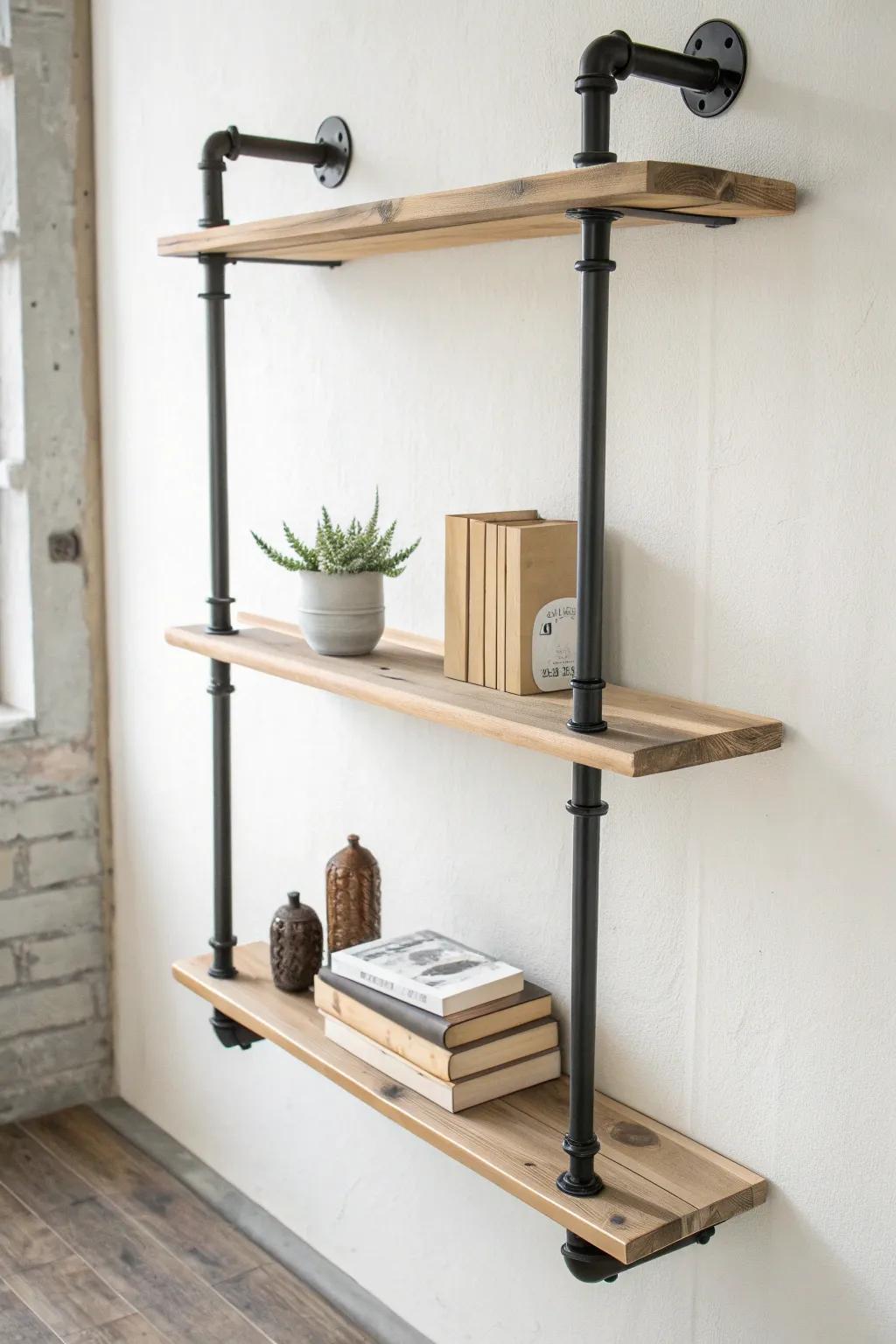 Transform your space with industrial pipe and wood shelves – where urban meets natural beauty.