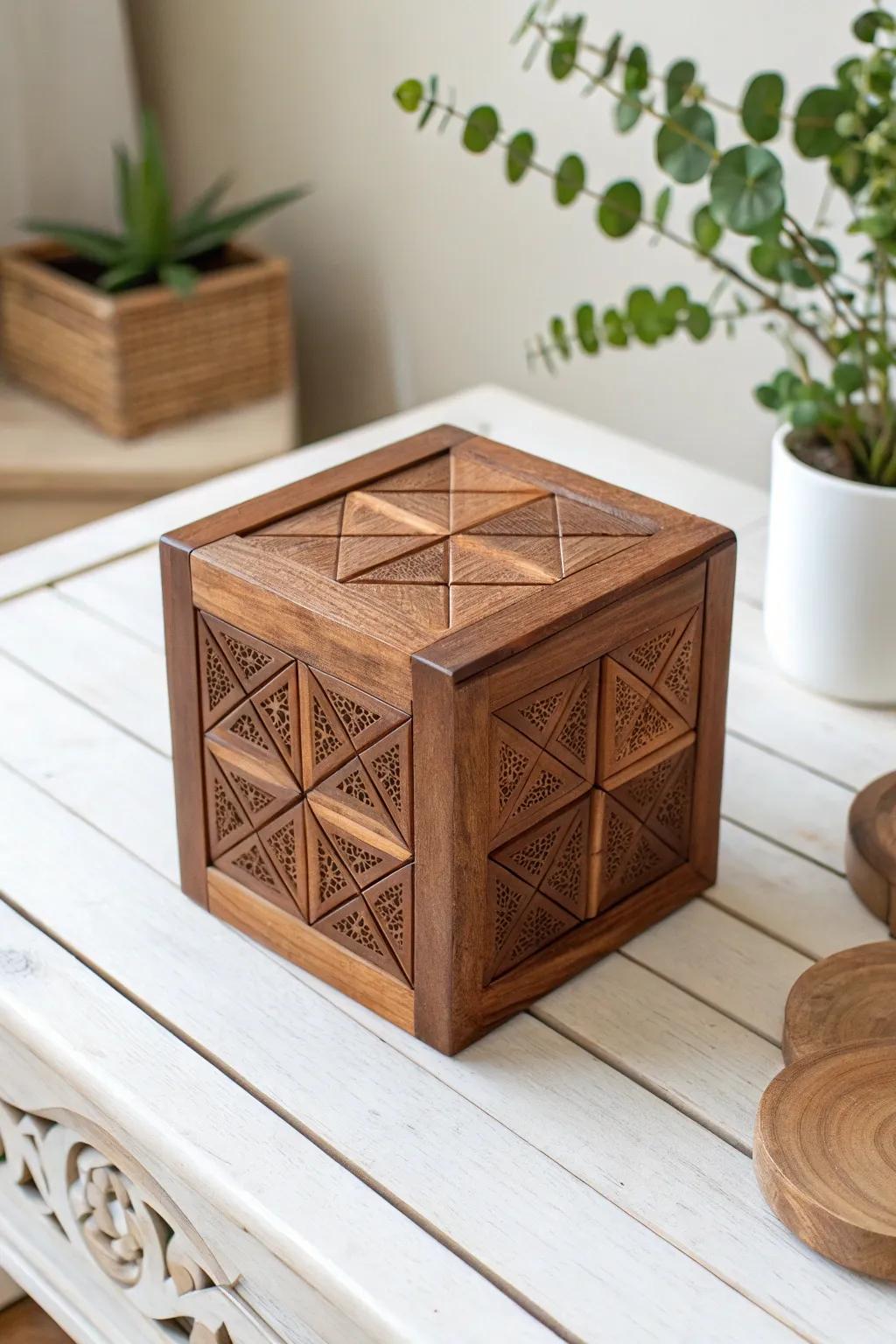 Unlock endless adventures with this handcrafted cherry wood cube puzzle.