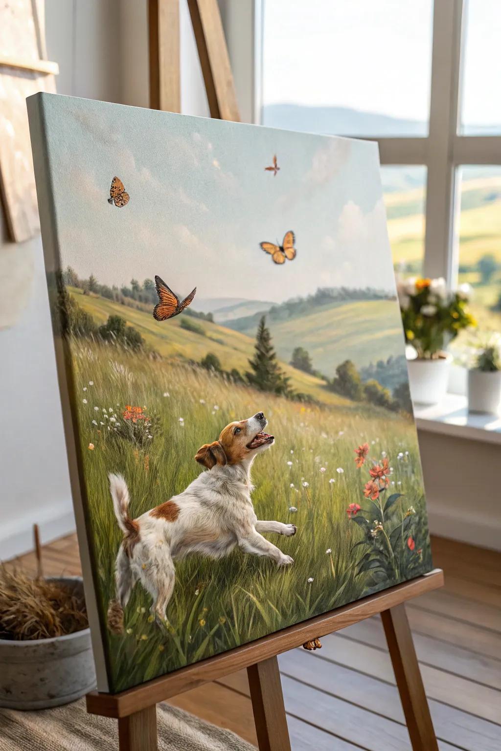 Capture the whimsical joy of nature with your furry friend in this elegant and serene canvas painting.