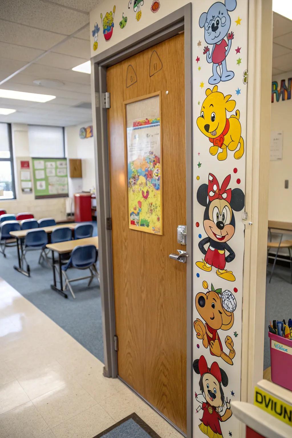 A classroom door featuring beloved cartoon characters, delighting young students.