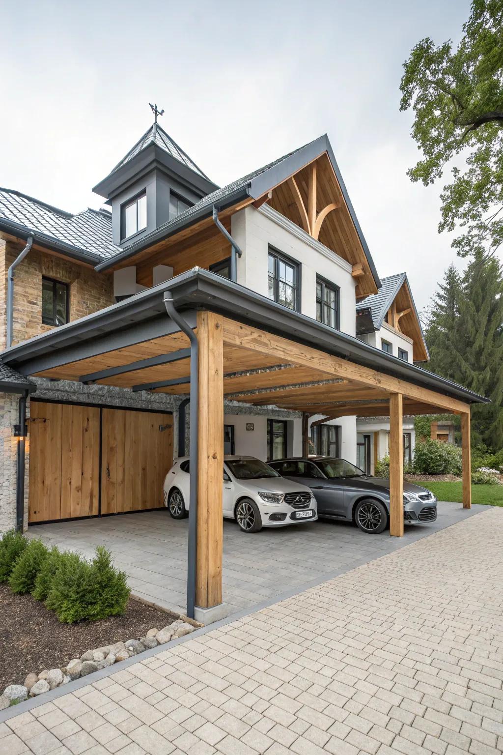 A dynamic carport design using a blend of different materials.