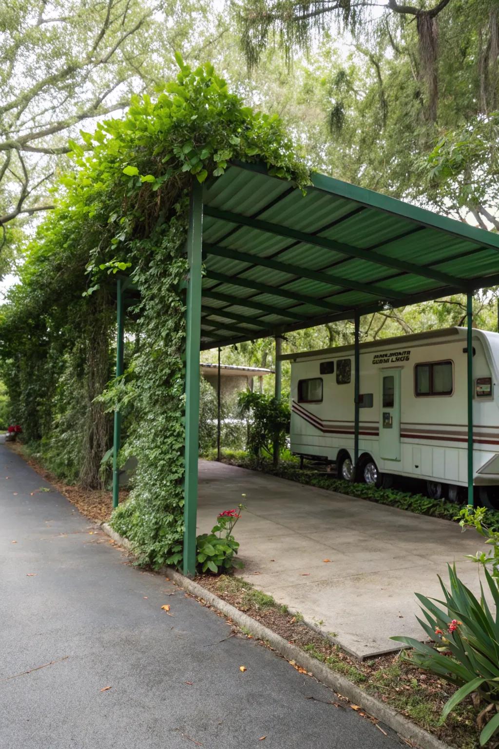 A green roof carport providing eco-friendly benefits and aesthetic charm.