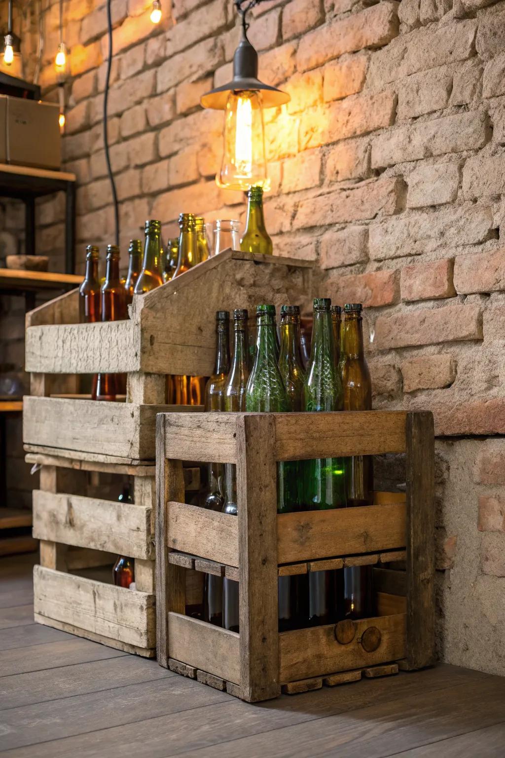 Elevate your home bar with a touch of rustic charm: vintage crates brimming with eclectic bottles.