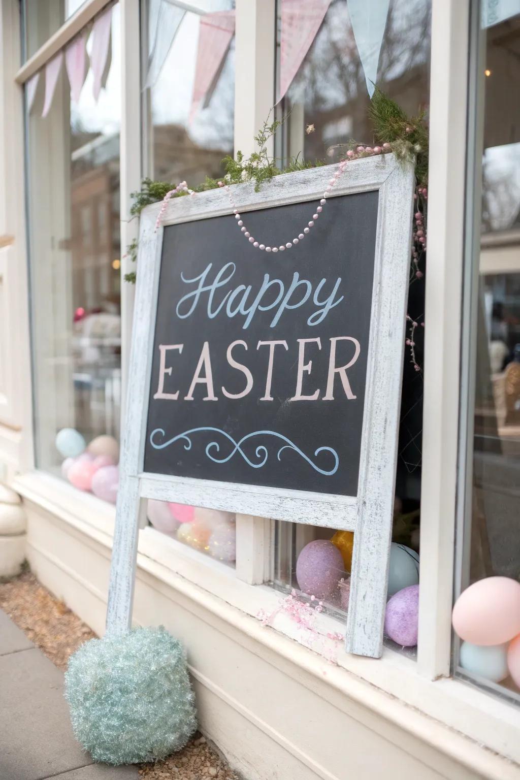A chic chalkboard sign adds a personal touch to the display.