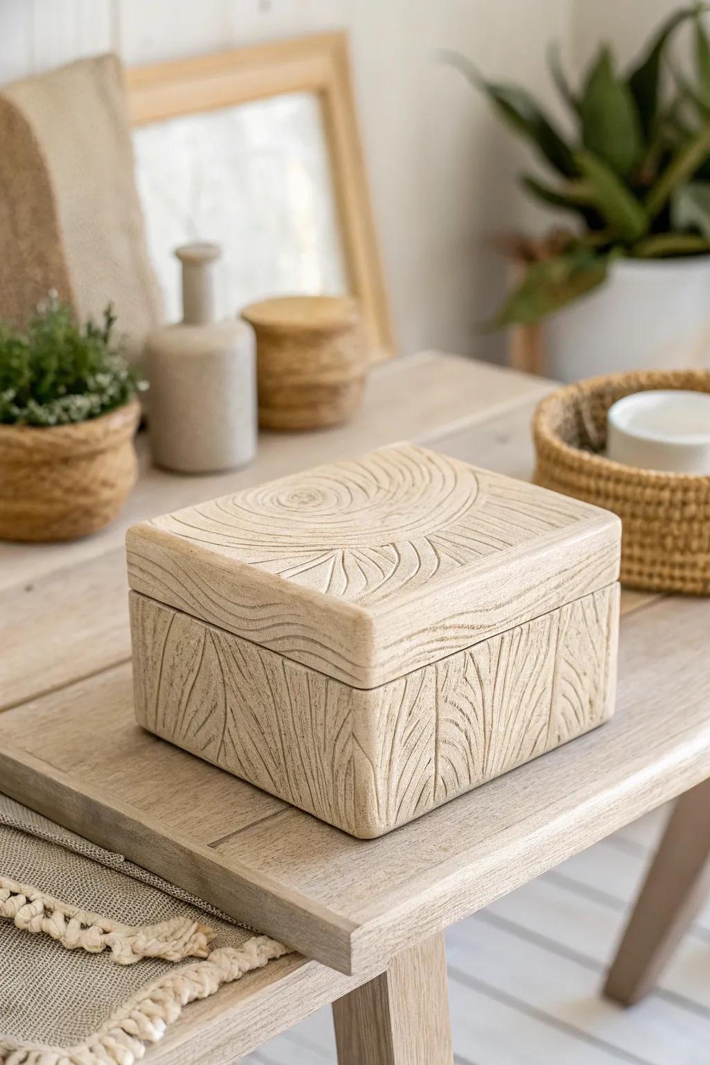 Blend the warmth of wood with the art of clay in this stunning faux wooden finish box.