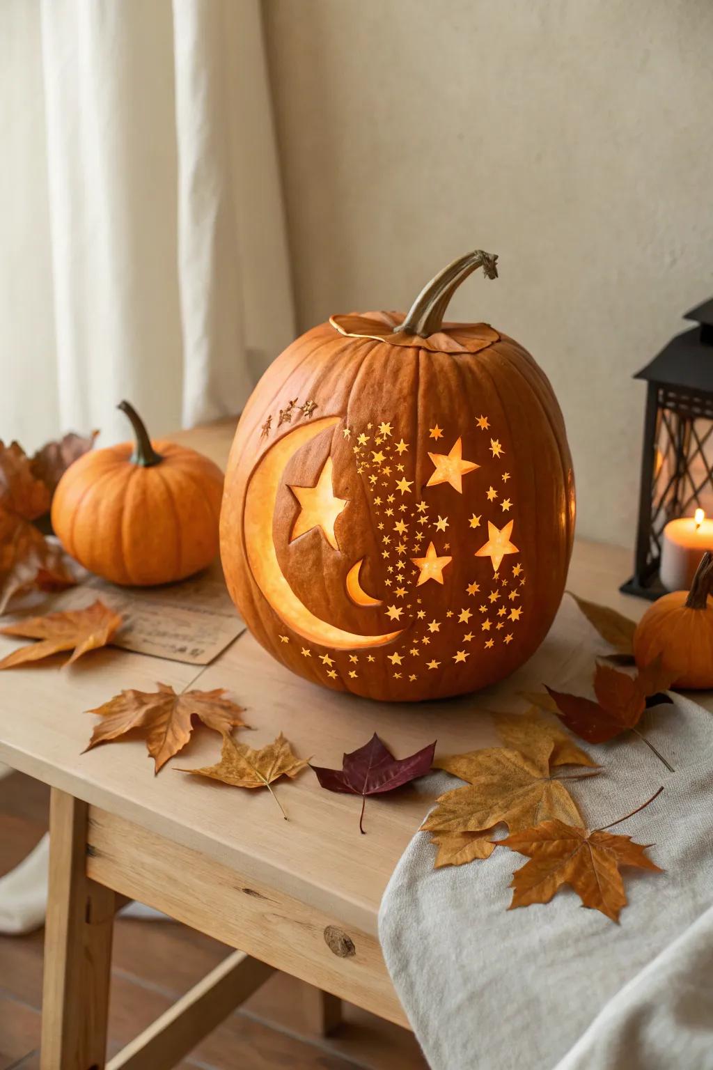 Illuminate your porch with celestial charm: a beautifully carved moon and stars pumpkin.