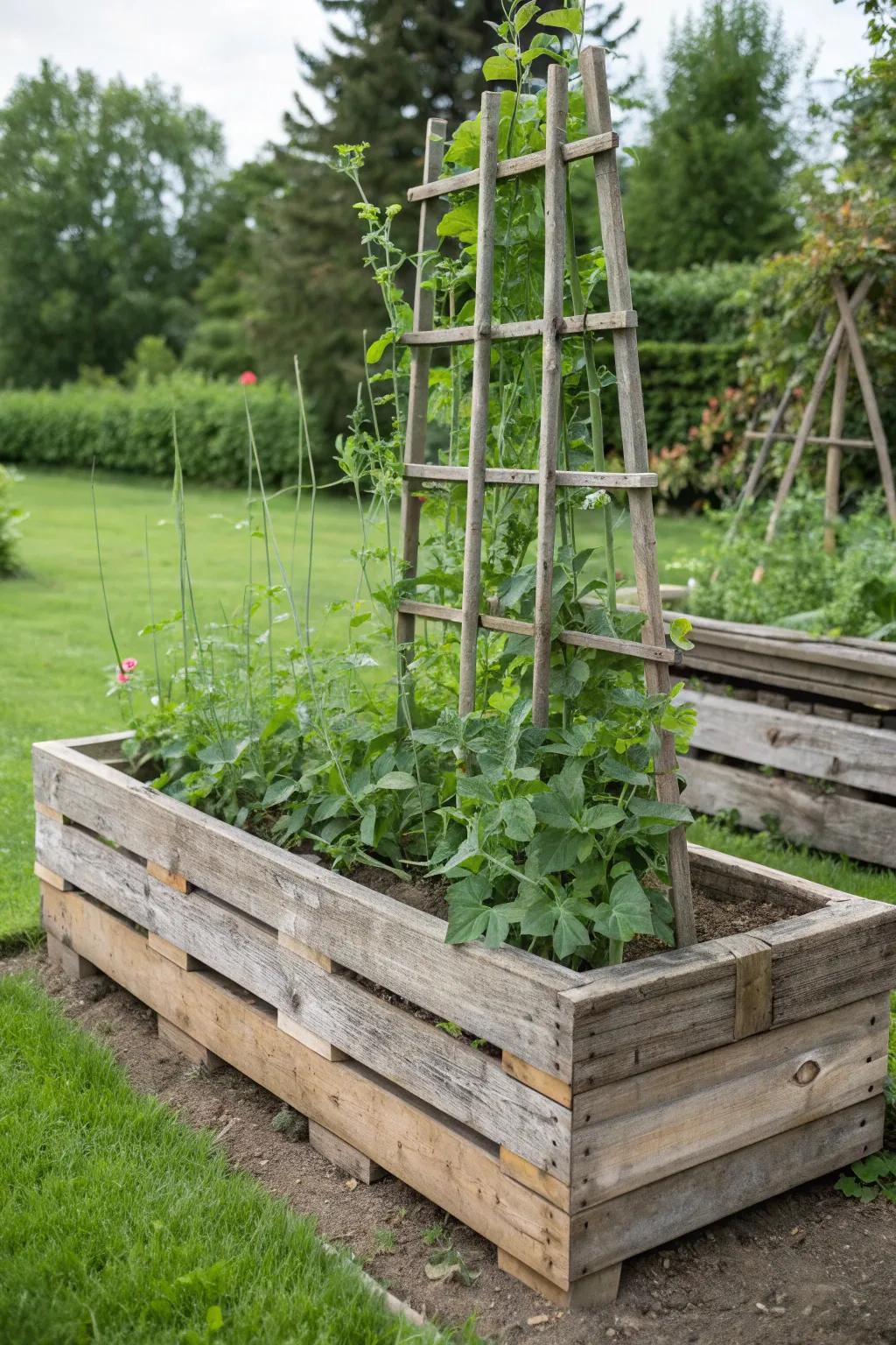 Elevate your garden with this rustic pallet bed and trellis combo, perfect for climbing plants and a touch of craftsmanship.