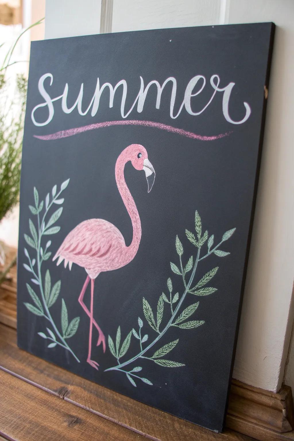 Embrace the tropical vibes with this chic 'Flamingo Fun' chalkboard art!