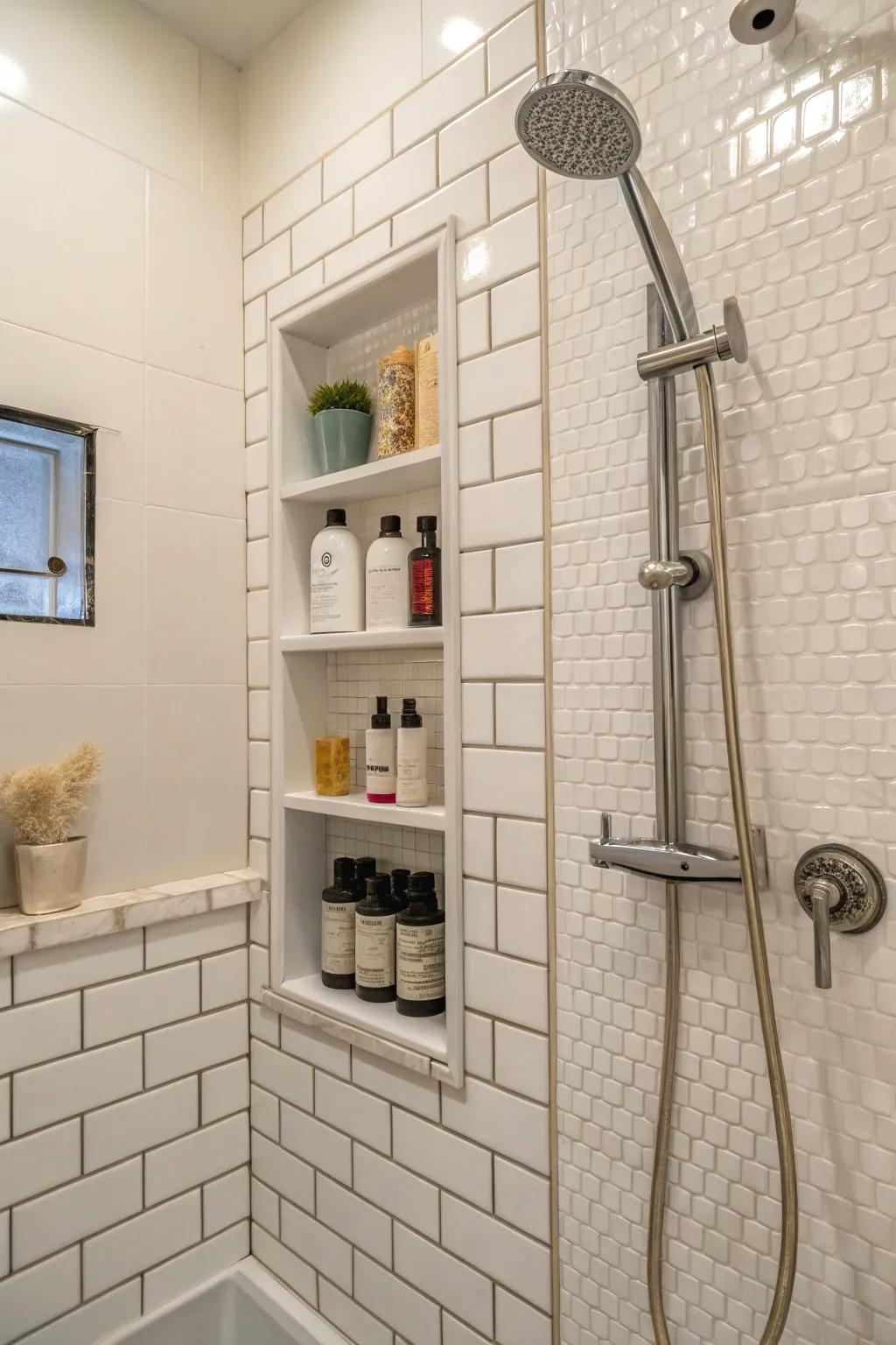 Built-in niches keep shower essentials organized and clean.