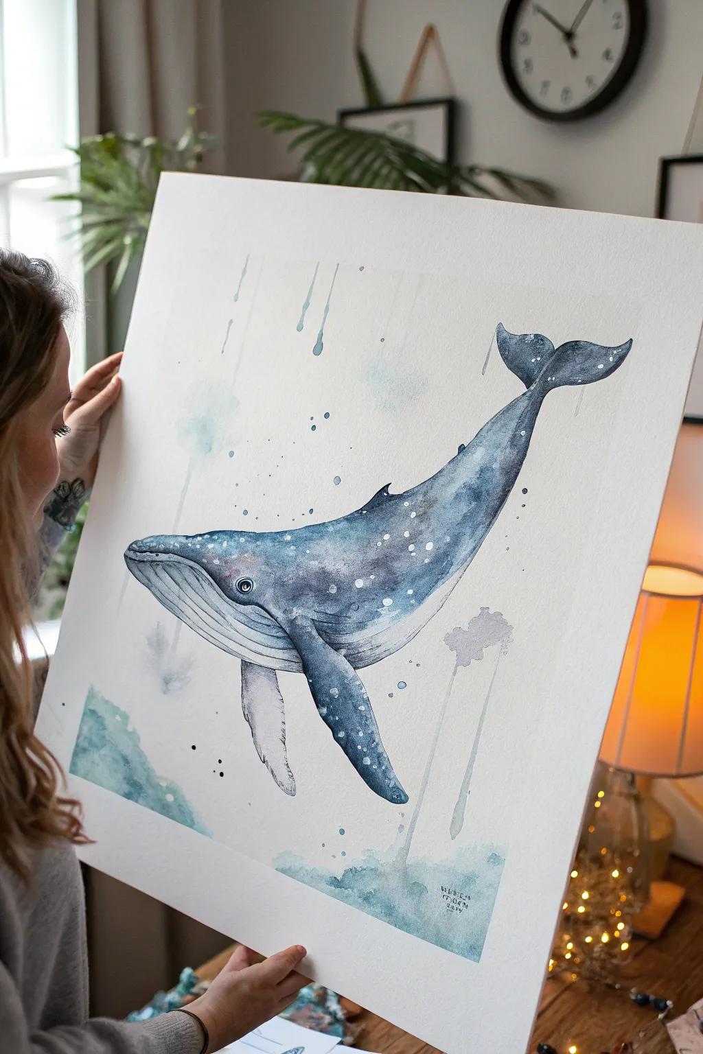 Whimsical Whales: Dive into the serene beauty of watercolor art with this gentle giant.