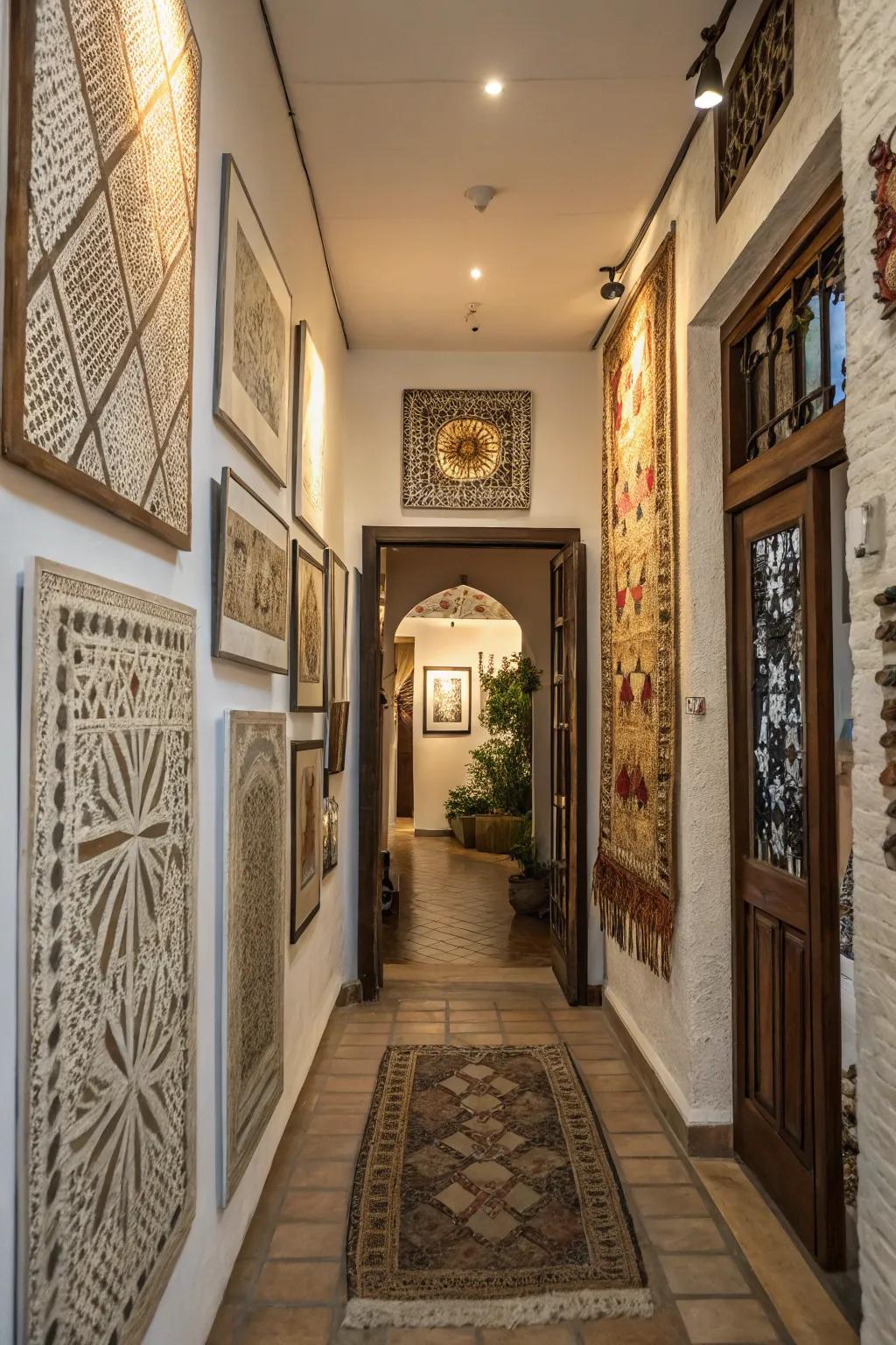 Textured art adds depth and warmth to the entryway.