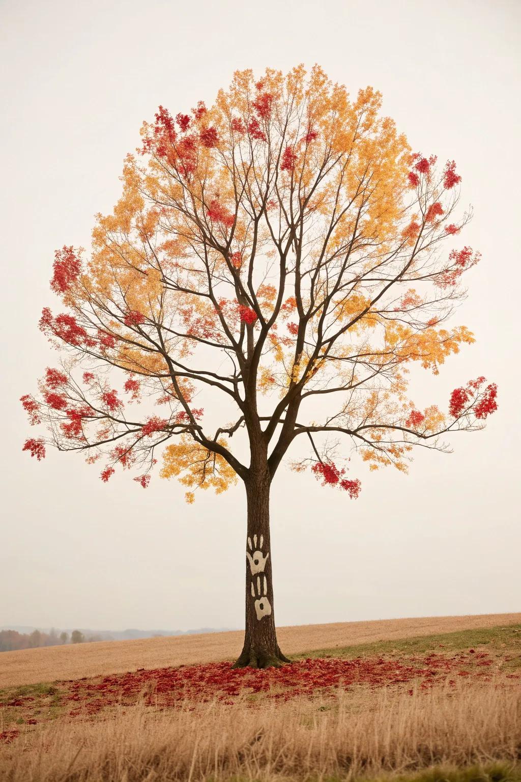 Capture the essence of autumn with a handcrafted tree of vibrant handprint leaves.