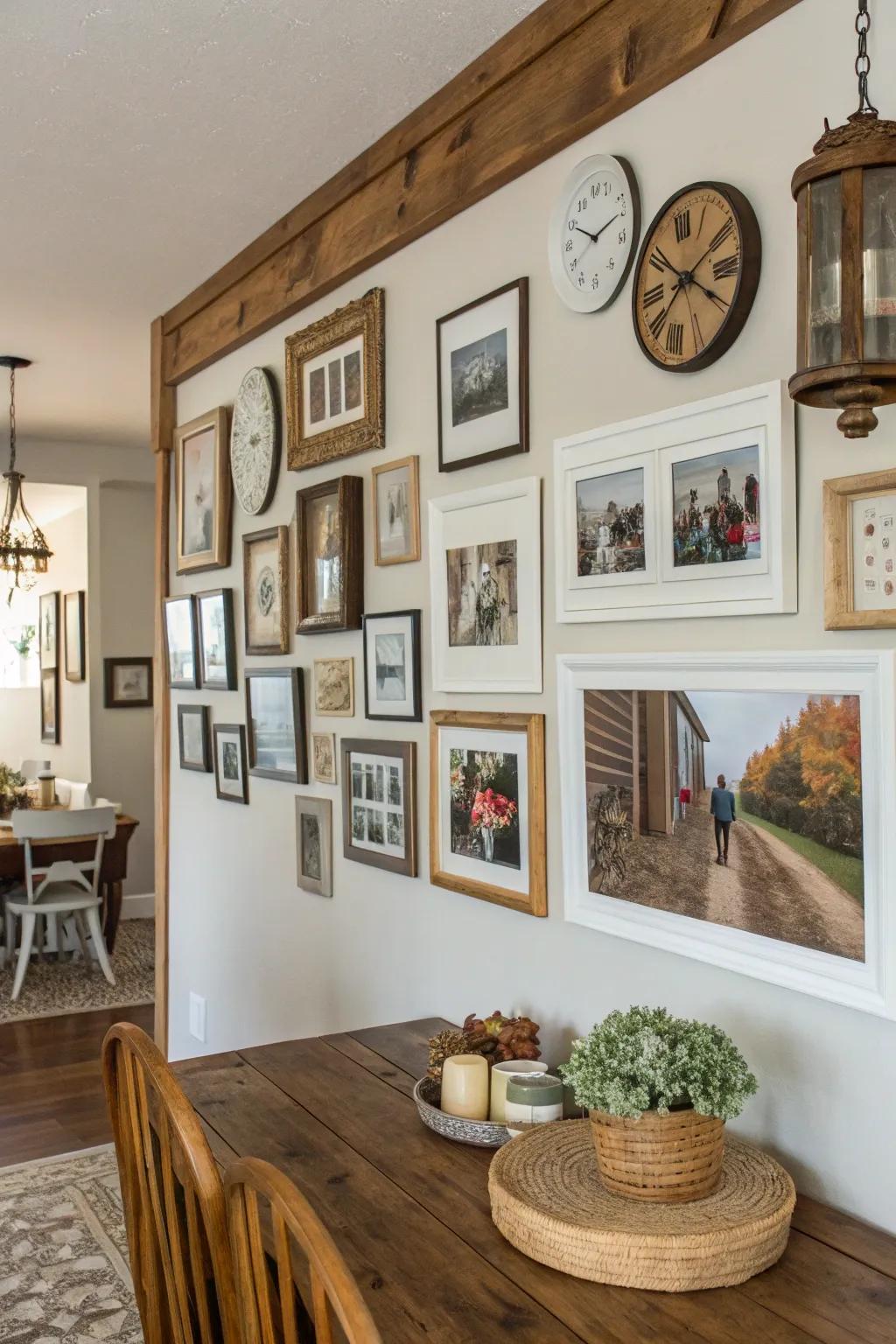 A gallery wall of family photos adds a personal touch to the dining room.