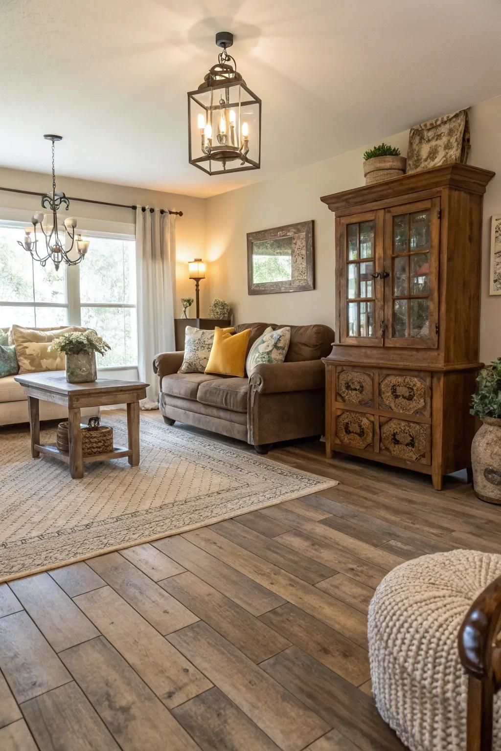 Vintage decor meets modern tiles in this charming farmhouse living room.