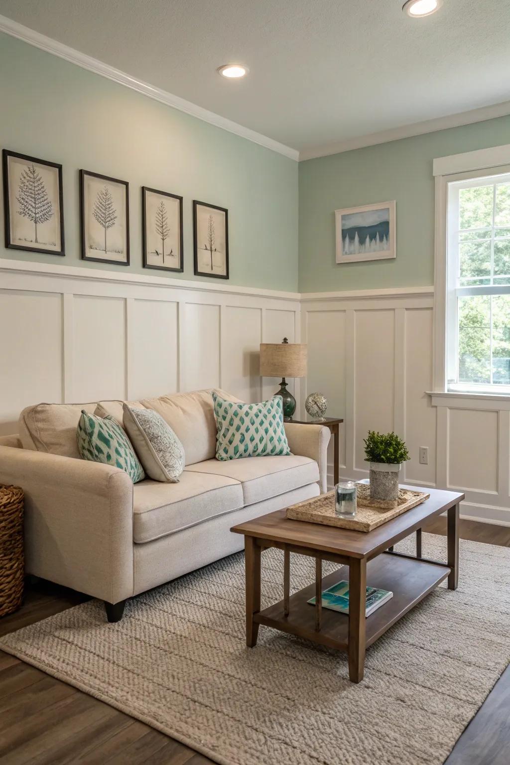 Bright and airy living room with neutral wainscoting.