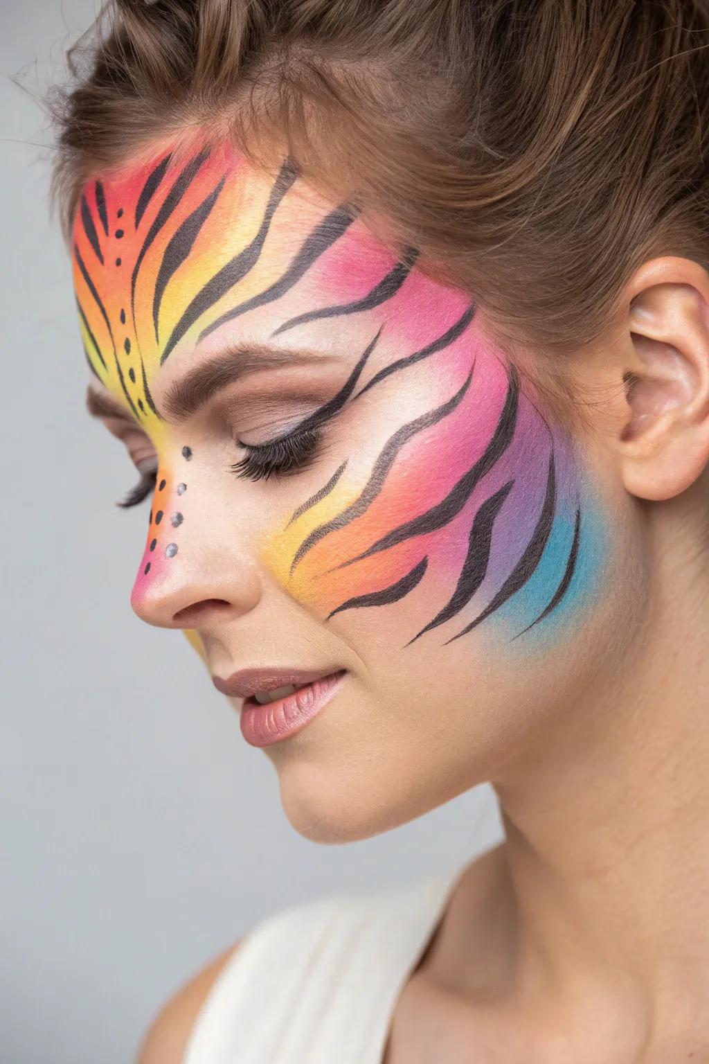 Unleash your wild side with this stunning rainbow tiger face paint—where vibrant colors meet elegant simplicity.
