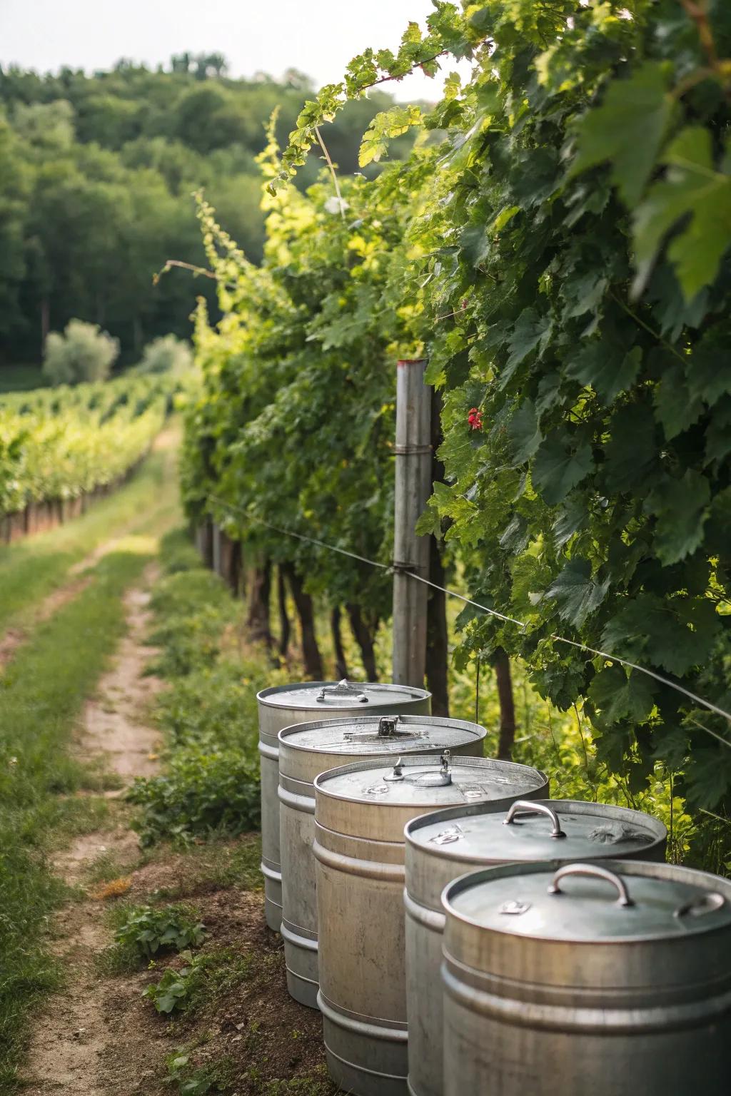 Weatherproof metal barrels for outdoor feed storage.
